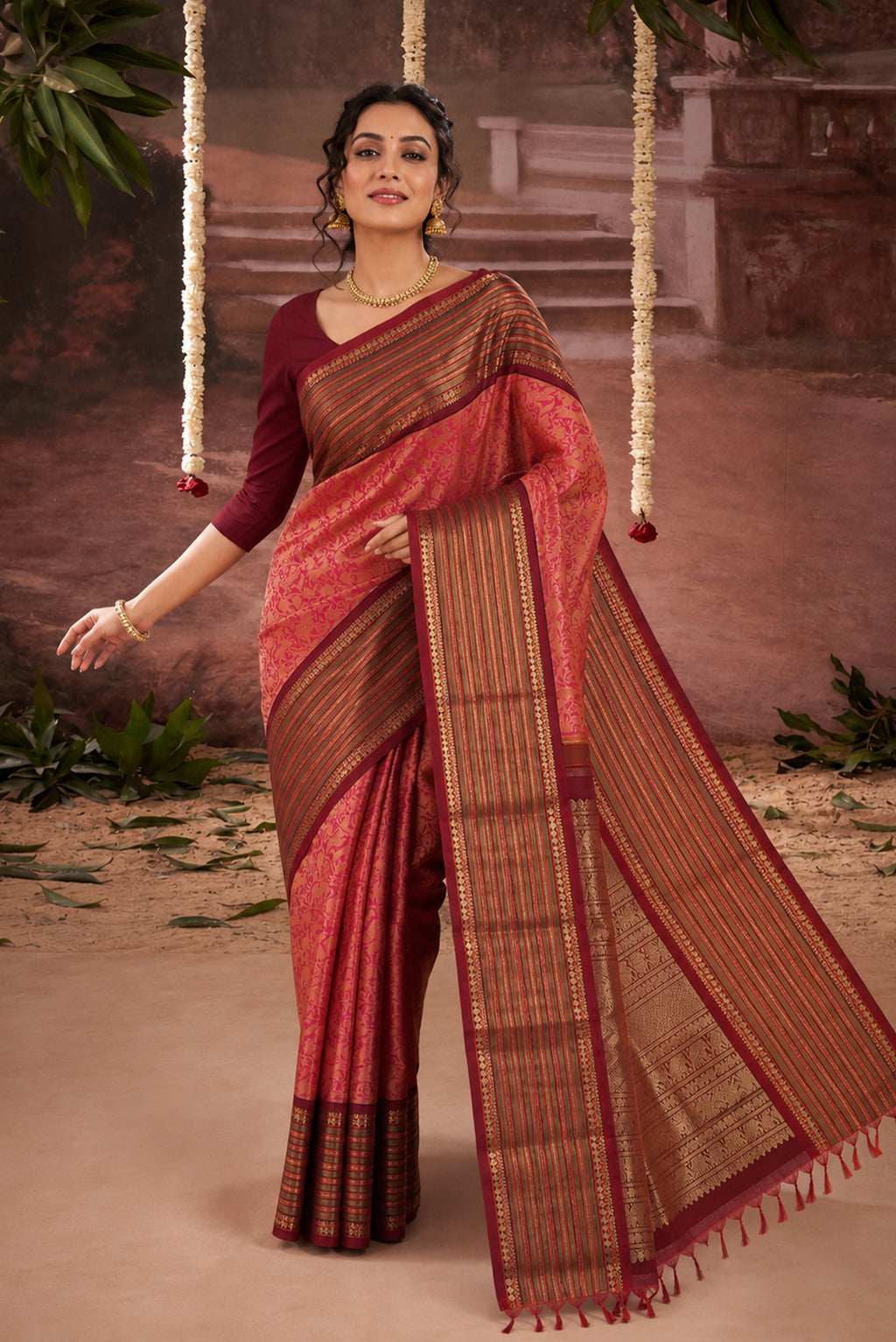 Model wearing a Pure Silk Pure Zari Multi Color Kanchipuram Saree with Zari Brocade on the body and Zari Border.