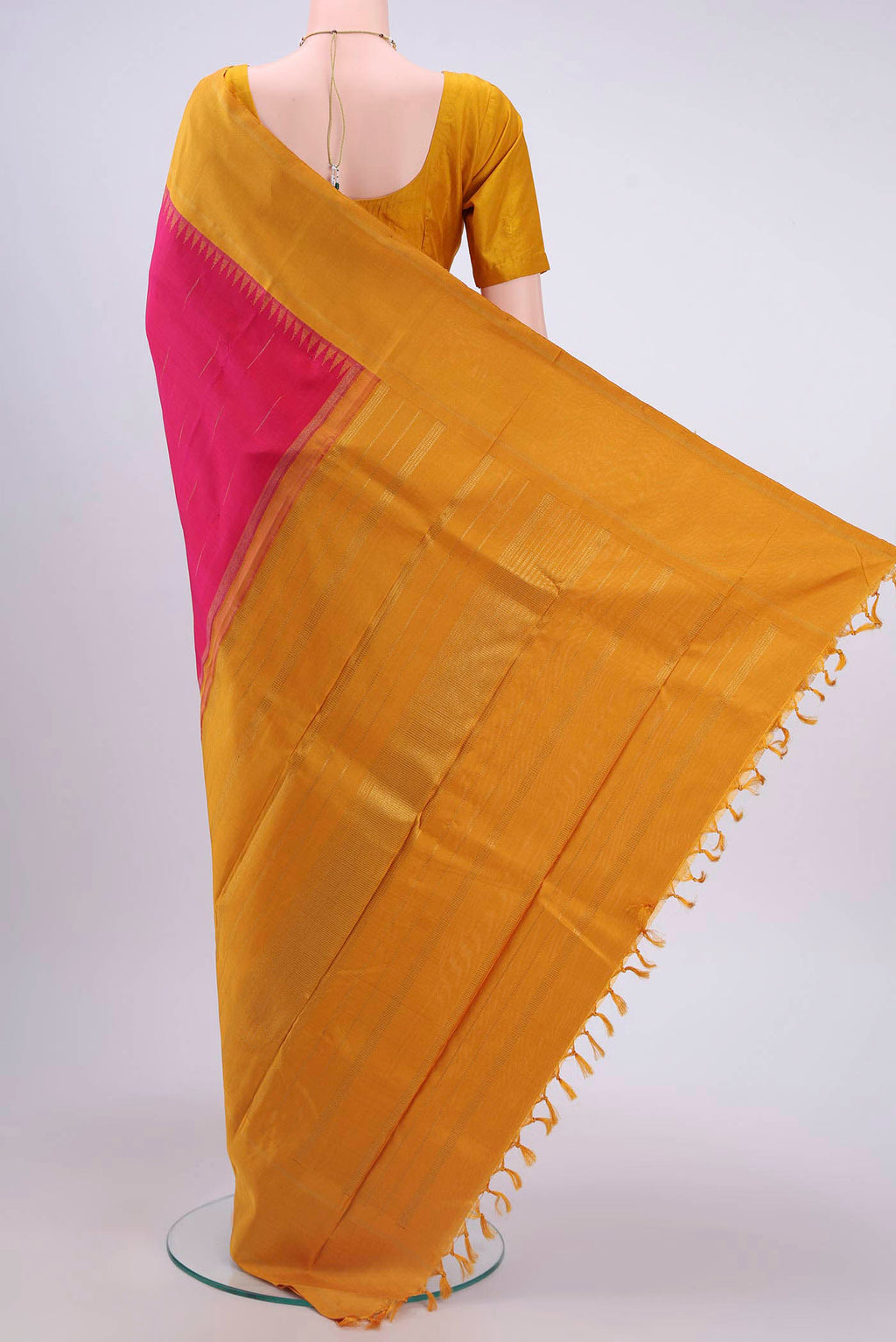 Flat view of Pure Silk Pure Zari Pink Kanchipuram Saree with Stripes on the body and Temple Border