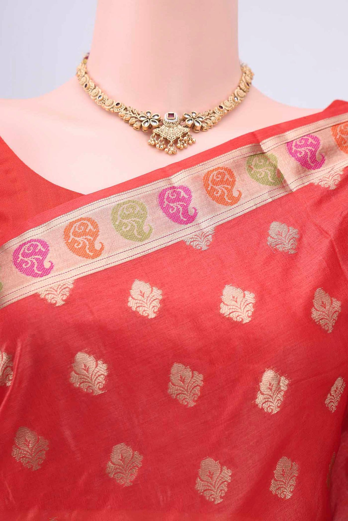 Border image of Red Banarasi Tussar Silk Saree with Zari Butta on the body and Zari And Thread Border