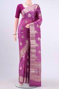 Purple Banarasi Tussar Silk Saree with Zari And Thread Butta on the body and Zari Border displayed on a mannequin