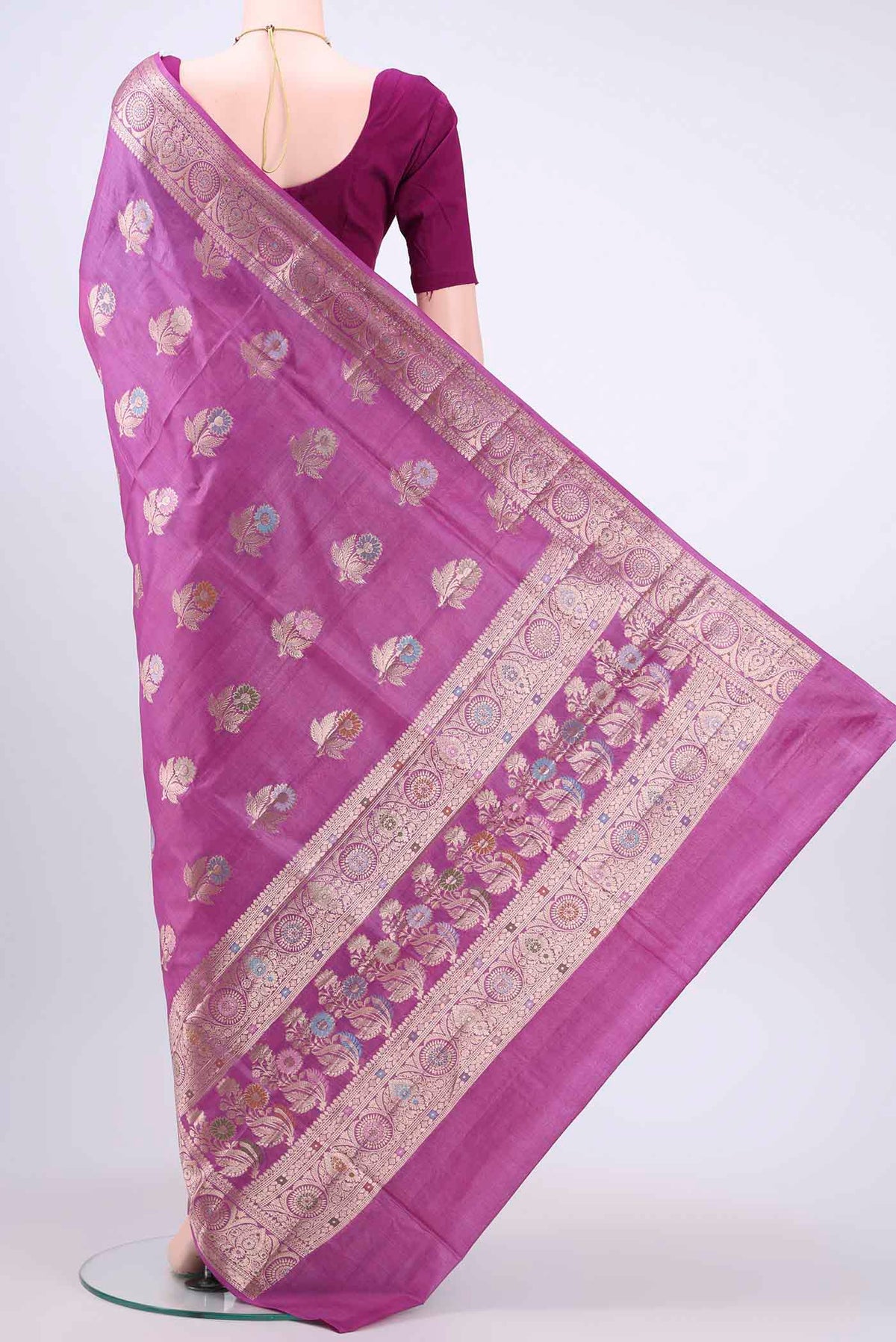 Flat view of Purple Banarasi Tussar Silk Saree with Zari And Thread Butta on the body and Zari Border