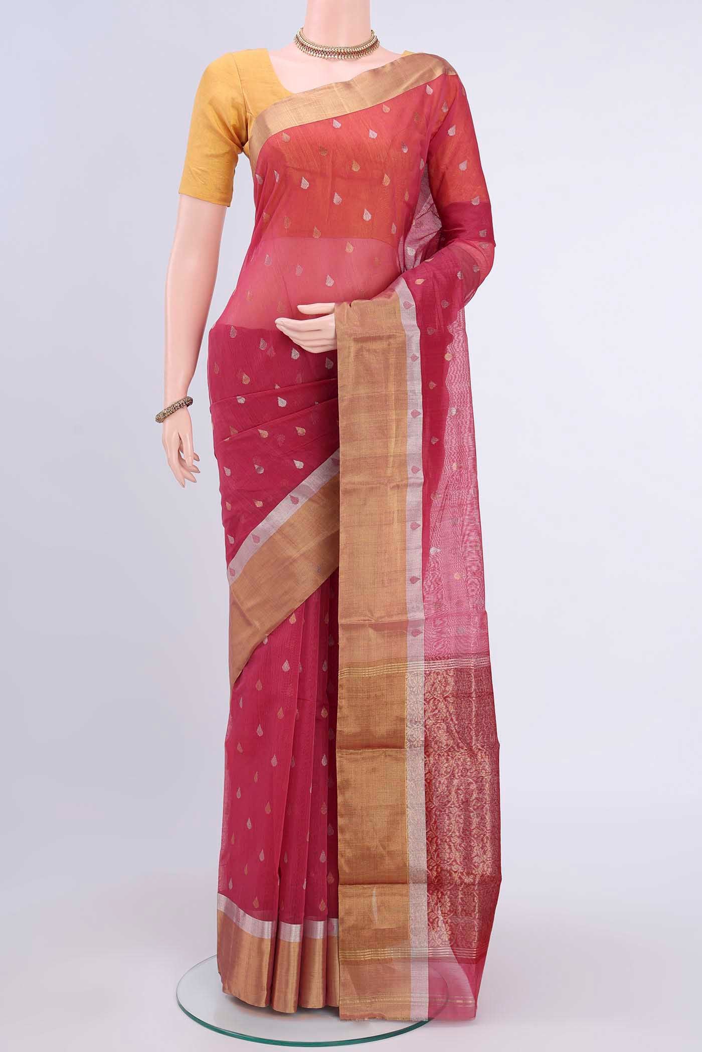 Pink Chanderi Silk Cotton Saree with Zari Butta on the body and Zari Border displayed on a mannequin