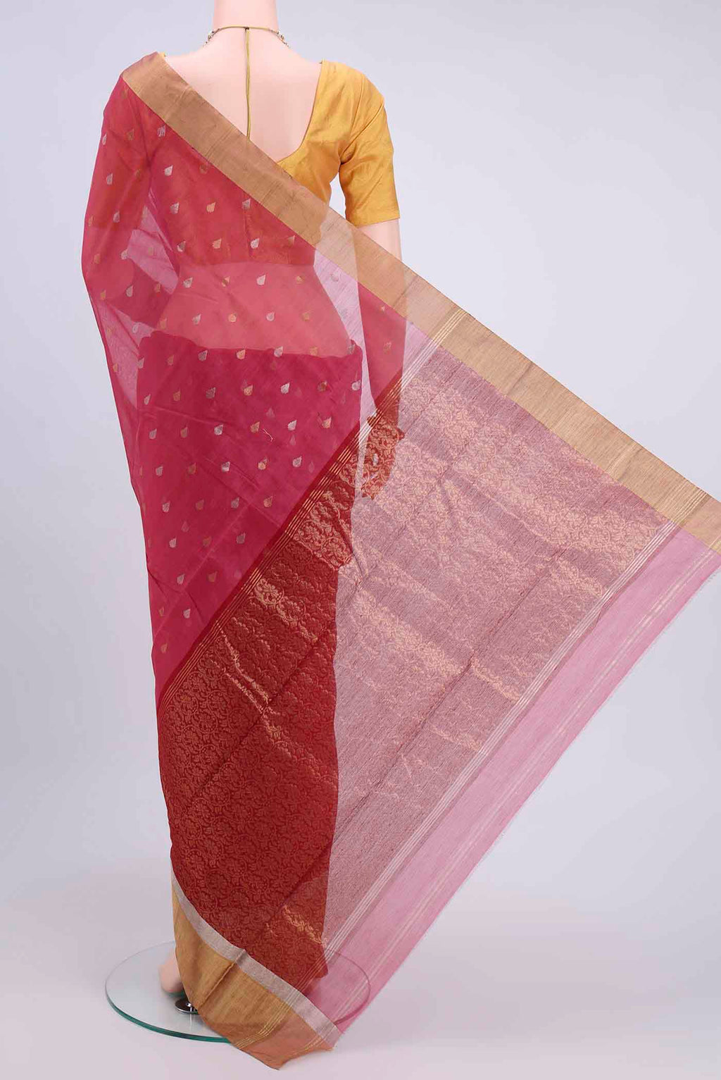 Flat view of Pink Chanderi Silk Cotton Saree with Zari Butta on the body and Zari Border