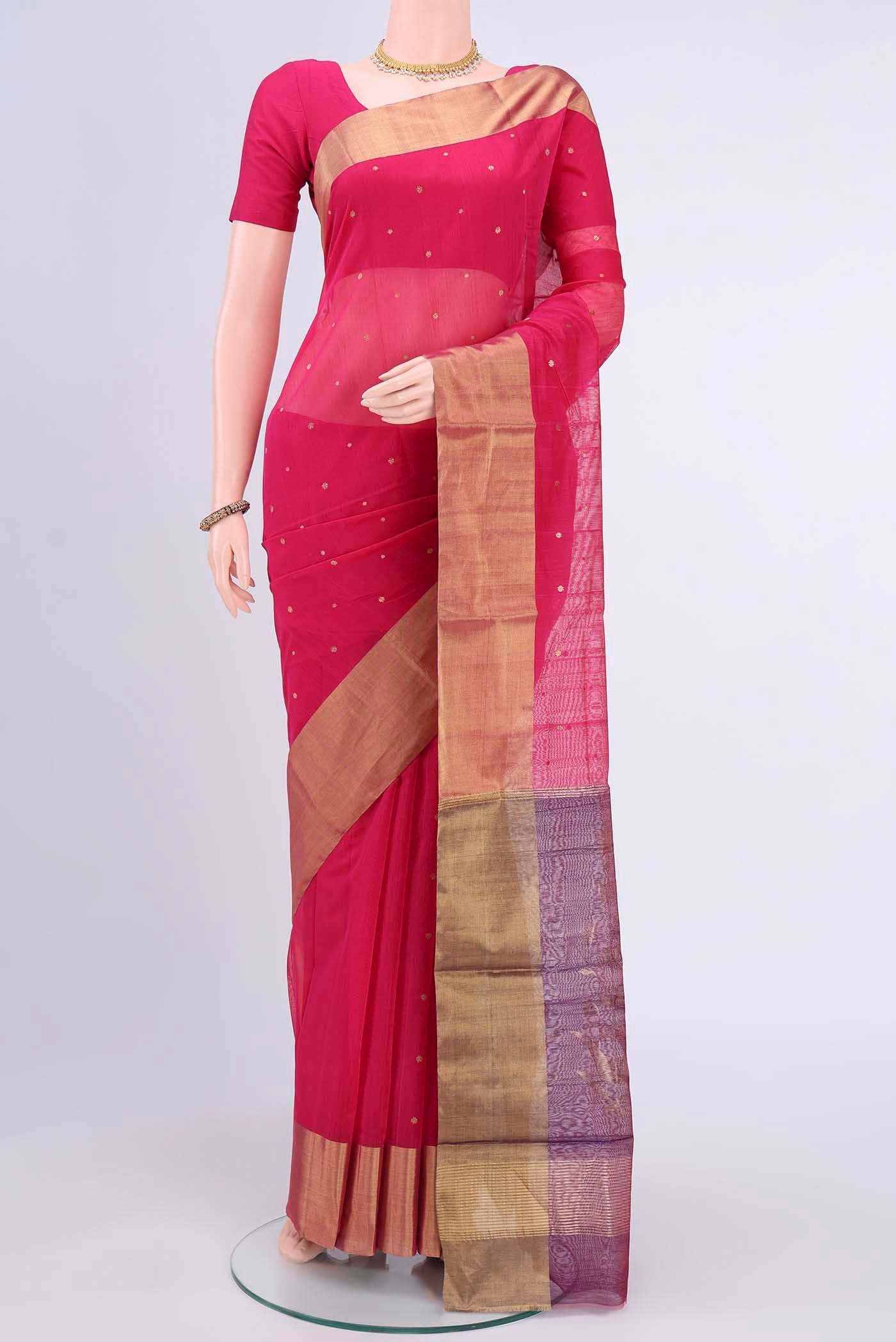 Dark Pink Chanderi Silk Saree with Zari Butta on the body and Zari Border displayed on a mannequin