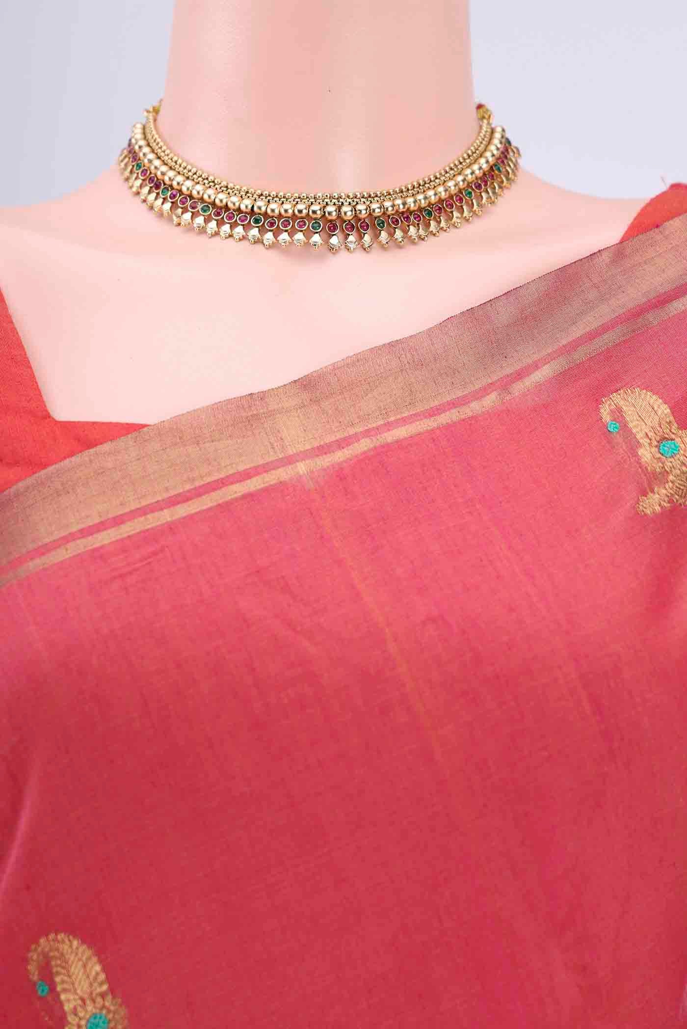 Border image of Coral Chanderi Silk Cotton Saree with Zari Butta on the body and Zari Border