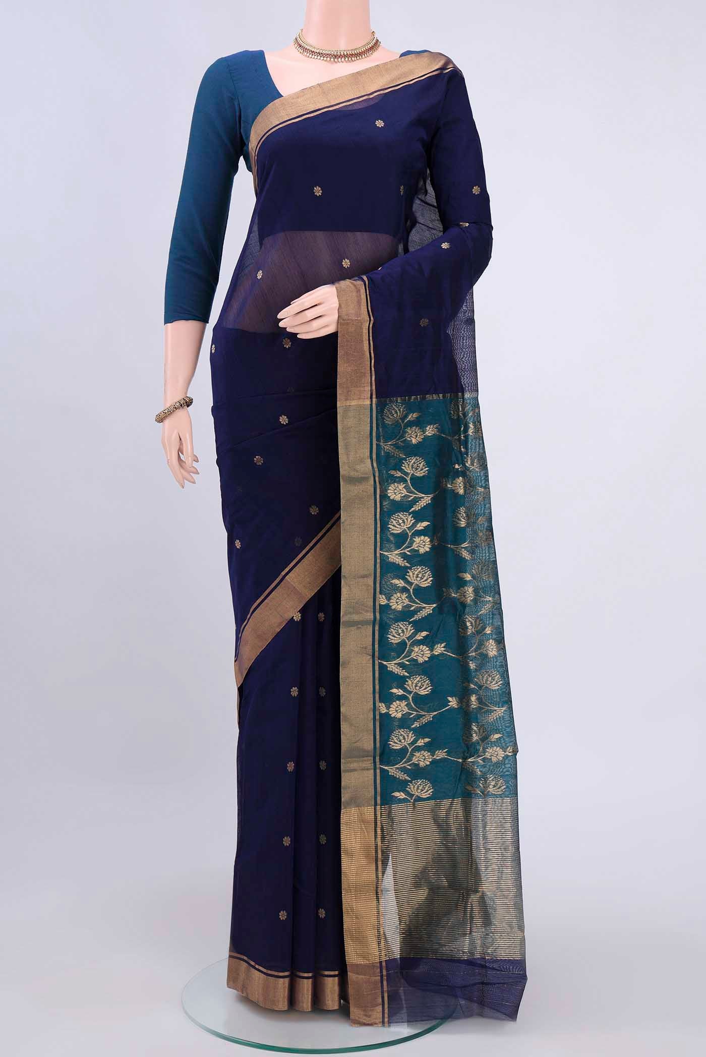 Navy Blue Chanderi Silk Cotton Saree with Zari Butta on the body and Zari Border displayed on a mannequin