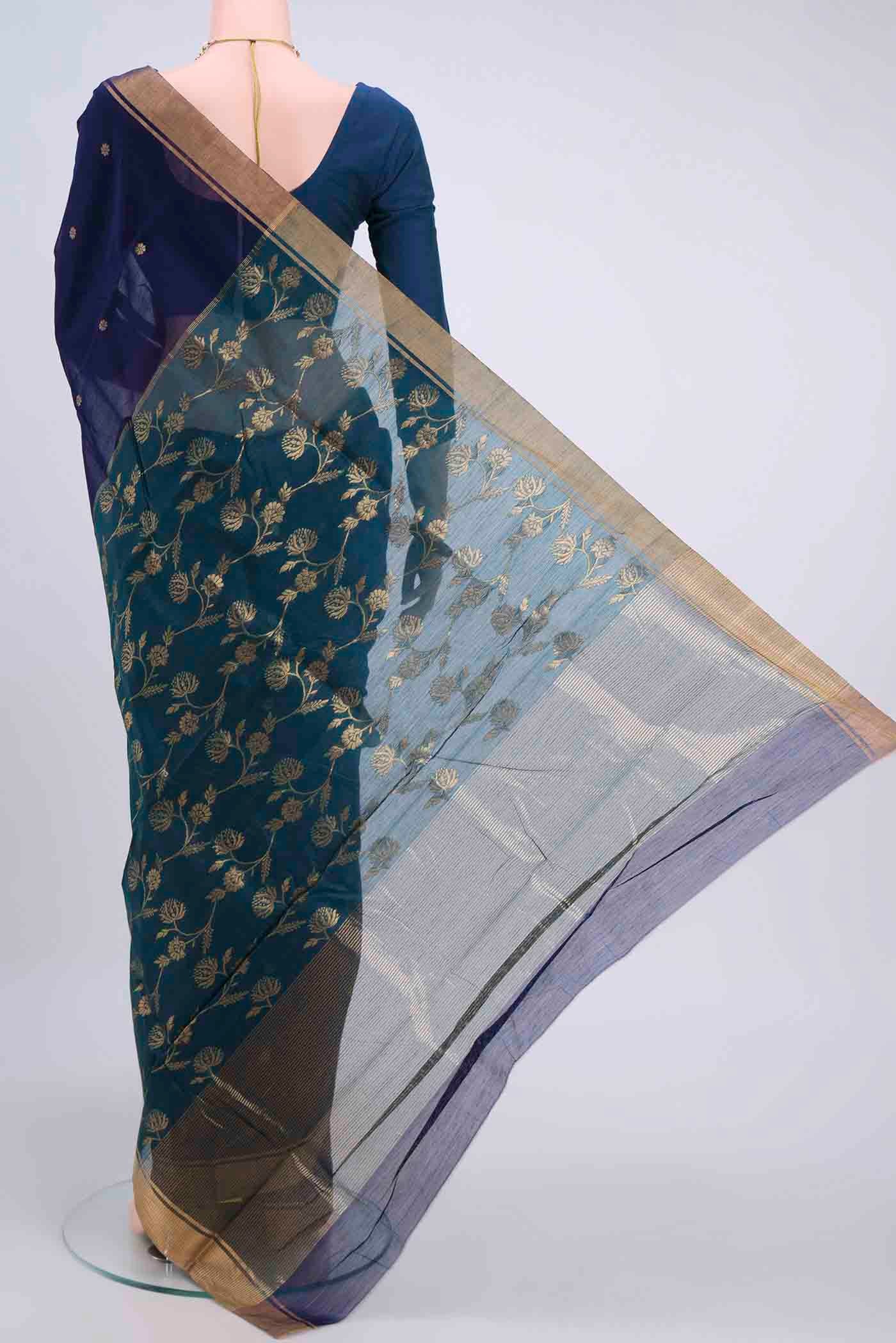 Flat view of Navy Blue Chanderi Silk Cotton Saree with Zari Butta on the body and Zari Border