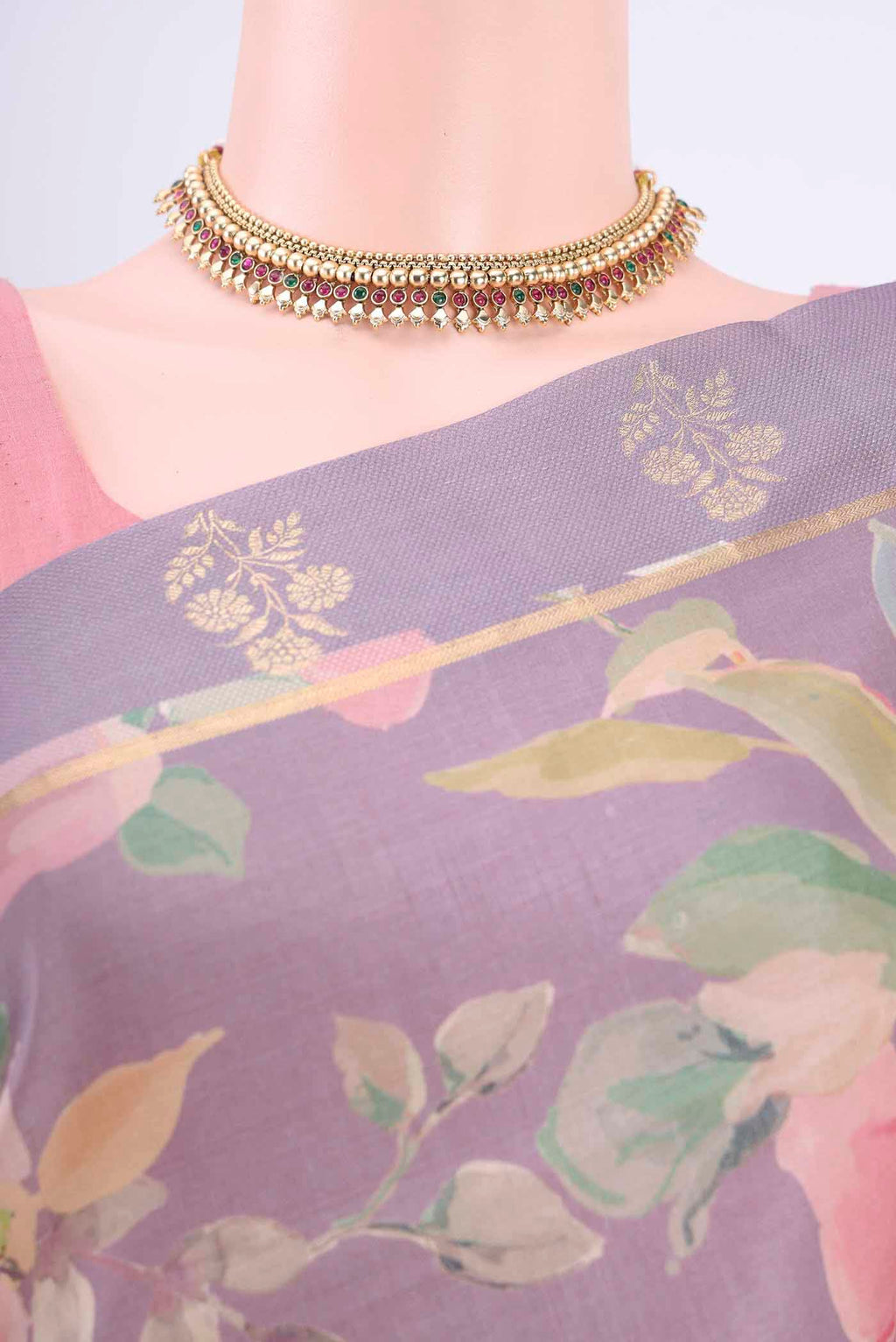 Border image of Mauve Tussar Silk Saree with Floral Print on the body and Zari Border