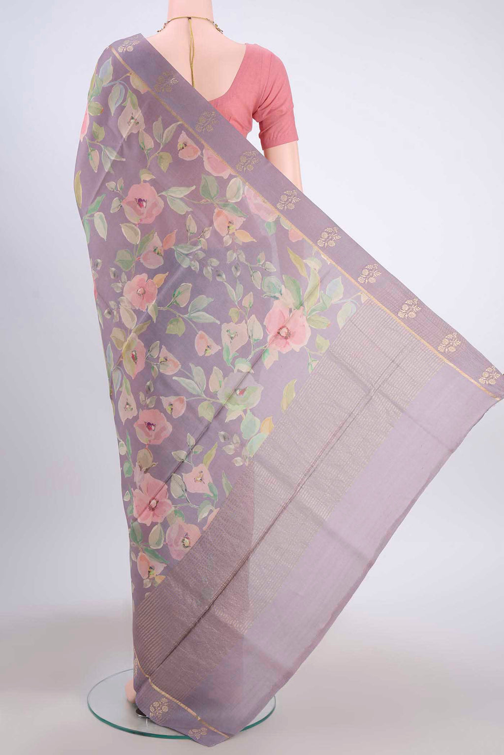 Flat view of Mauve Tussar Silk Saree with Floral Print on the body and Zari Border