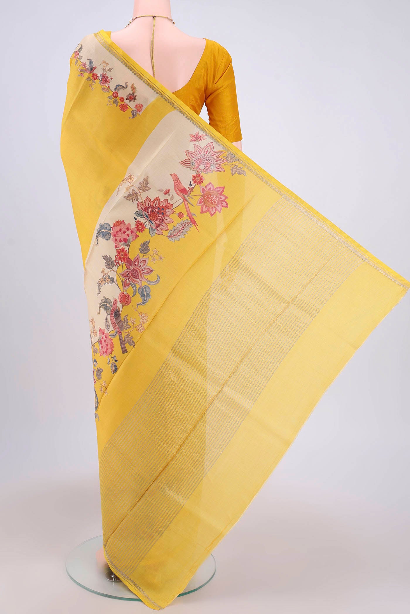 Flat view of Lemon Yellow Dual Tone Tussar Silk Saree with Printed design on the body and Printed Border. 