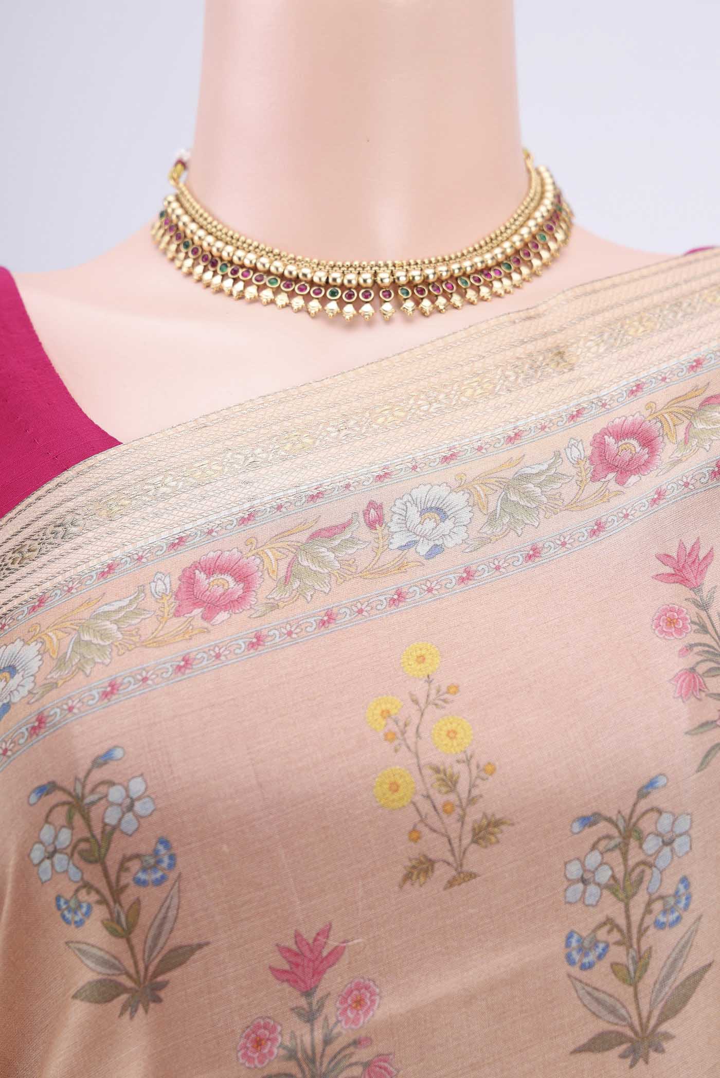 Border image of Peach Dual Tone Tussar Silk Saree with Printed design on the body and Printed Border. 