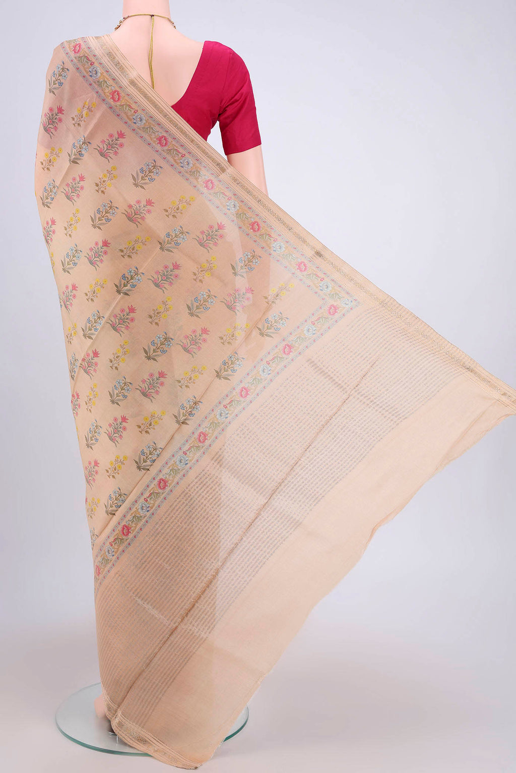 Flat view of Peach Dual Tone Tussar Silk Saree with Printed design on the body and Printed Border. 