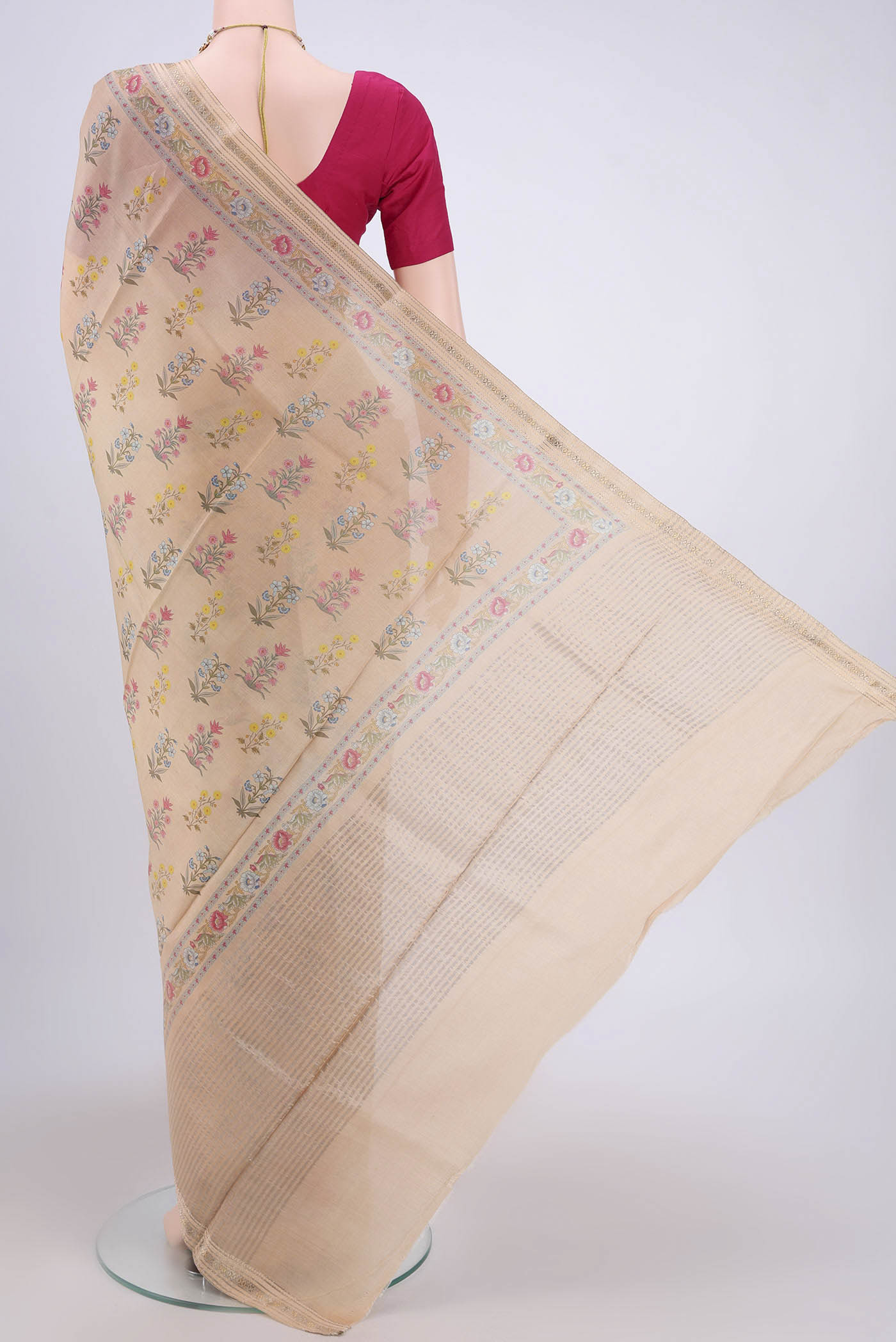 Flat view of Peach Dual Tone Tussar Silk Saree with Printed design on the body and Printed Border. 