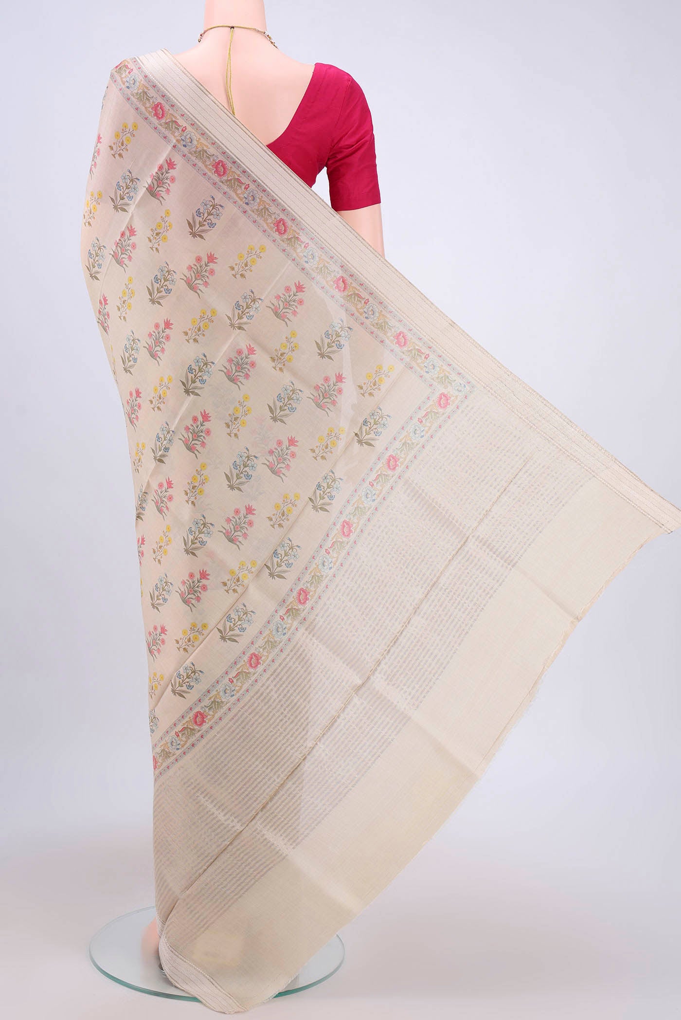 Flat view of Beige Dual Tone Tussar Silk Saree with Printed design on the body and Printed Border. 
