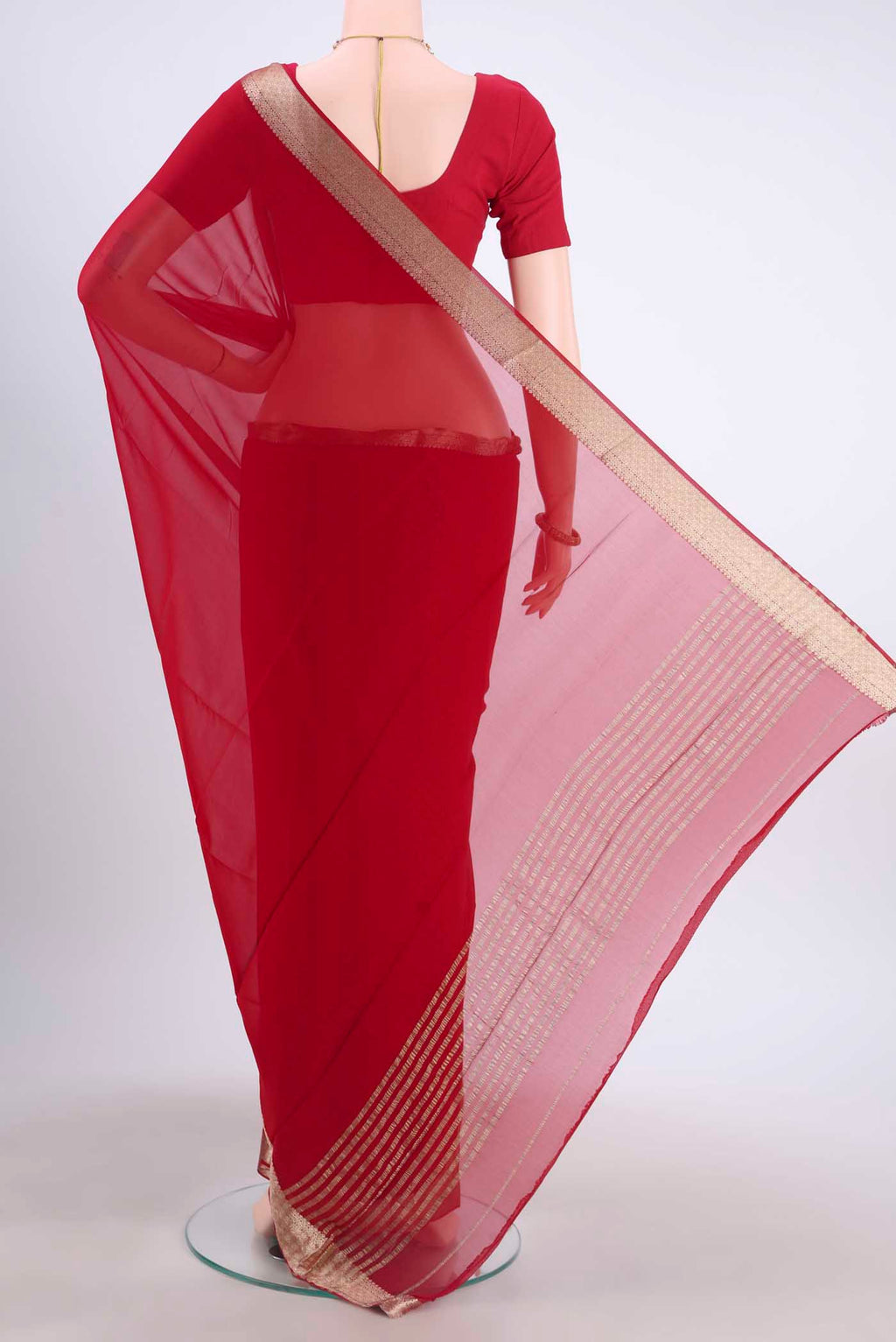 Flat view of Red Mysore Georgette Saree with Plain Body and Zari Border