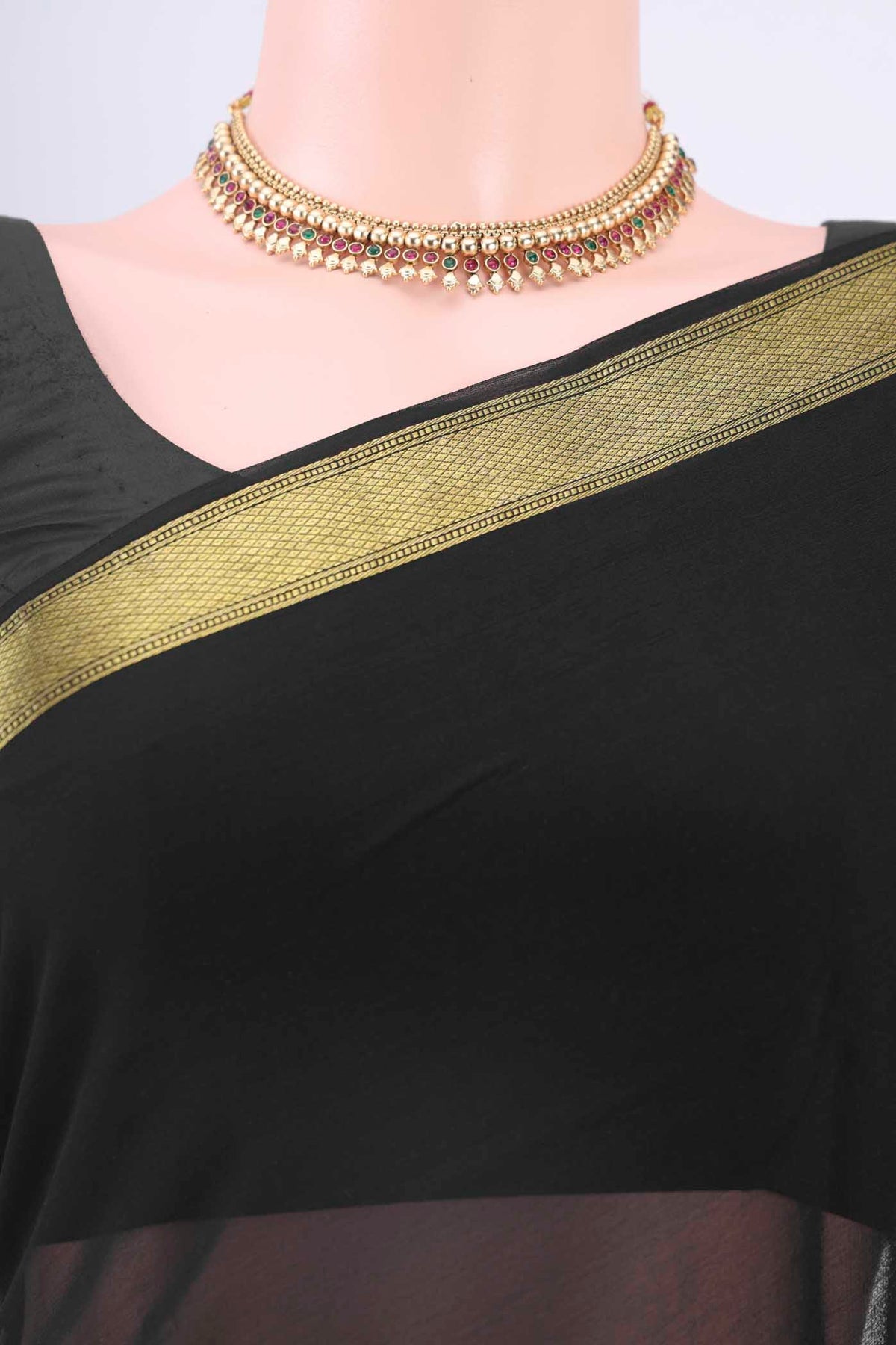 Border image of Black Mysore Georgette Saree with Plain Body and Zari Border