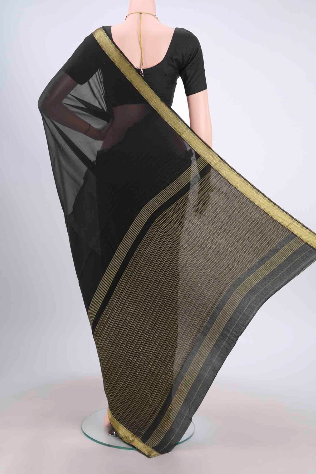 Flat view of Black Mysore Georgette Saree with Plain Body and Zari Border