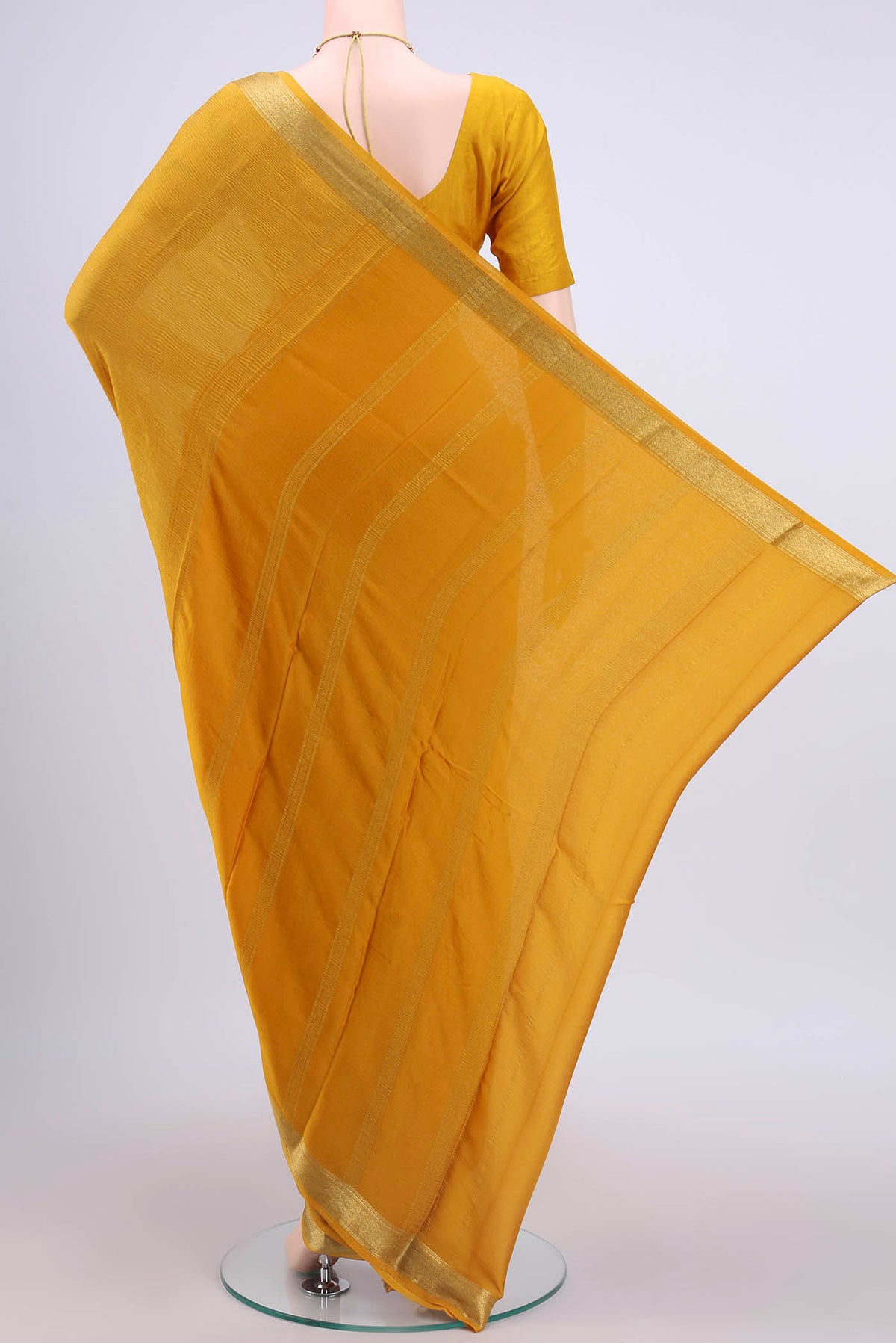 Flat view of Mustard Mysore Chiffon Saree with Plain Body and Zari Border
