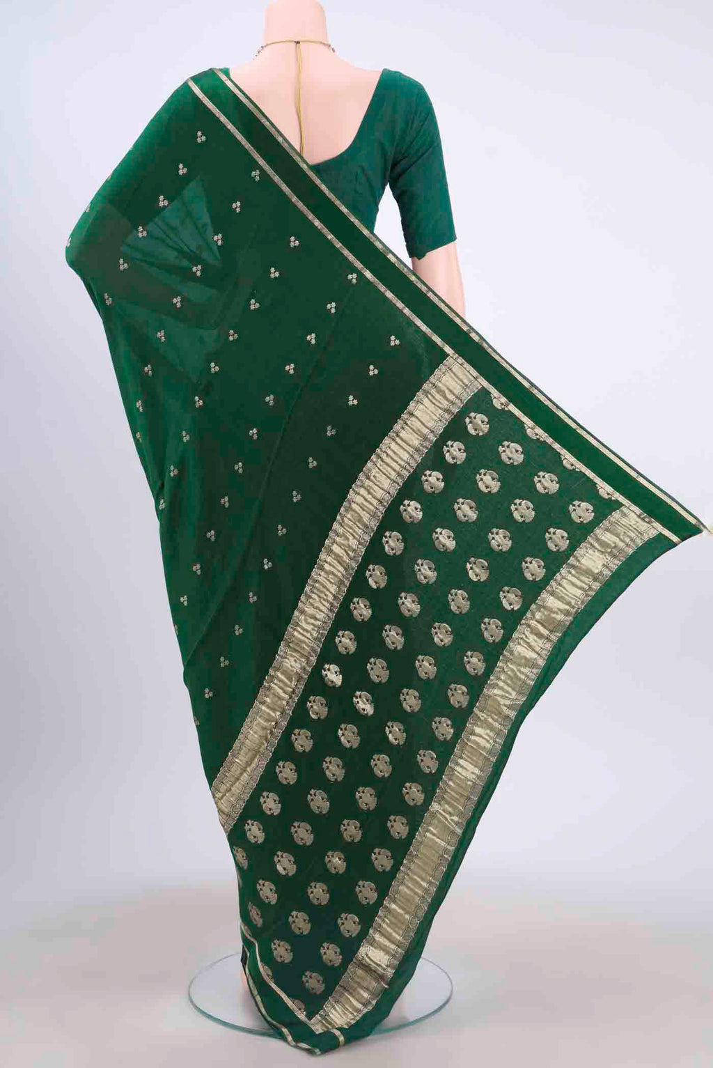 Flat view of Bottle Green Mysore Crepe Saree with Zari Butta on the body and Satin Border
