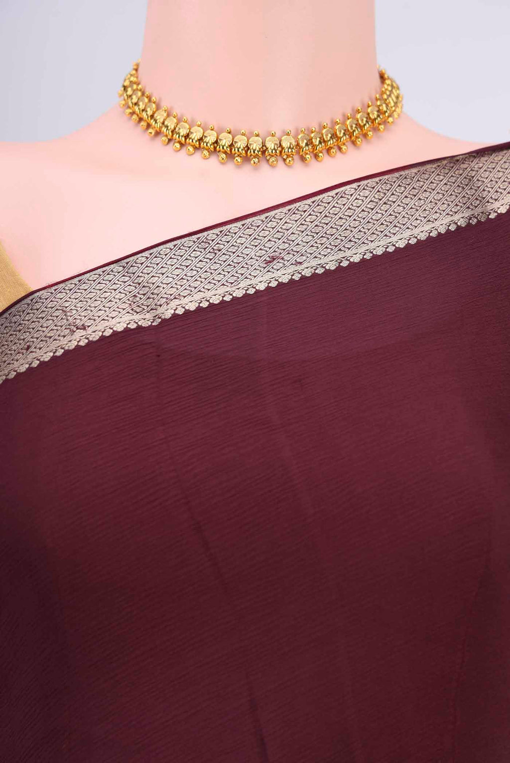 Border image of Burgundy Mysore Chiffon Saree with Plain Body and Zari Border
