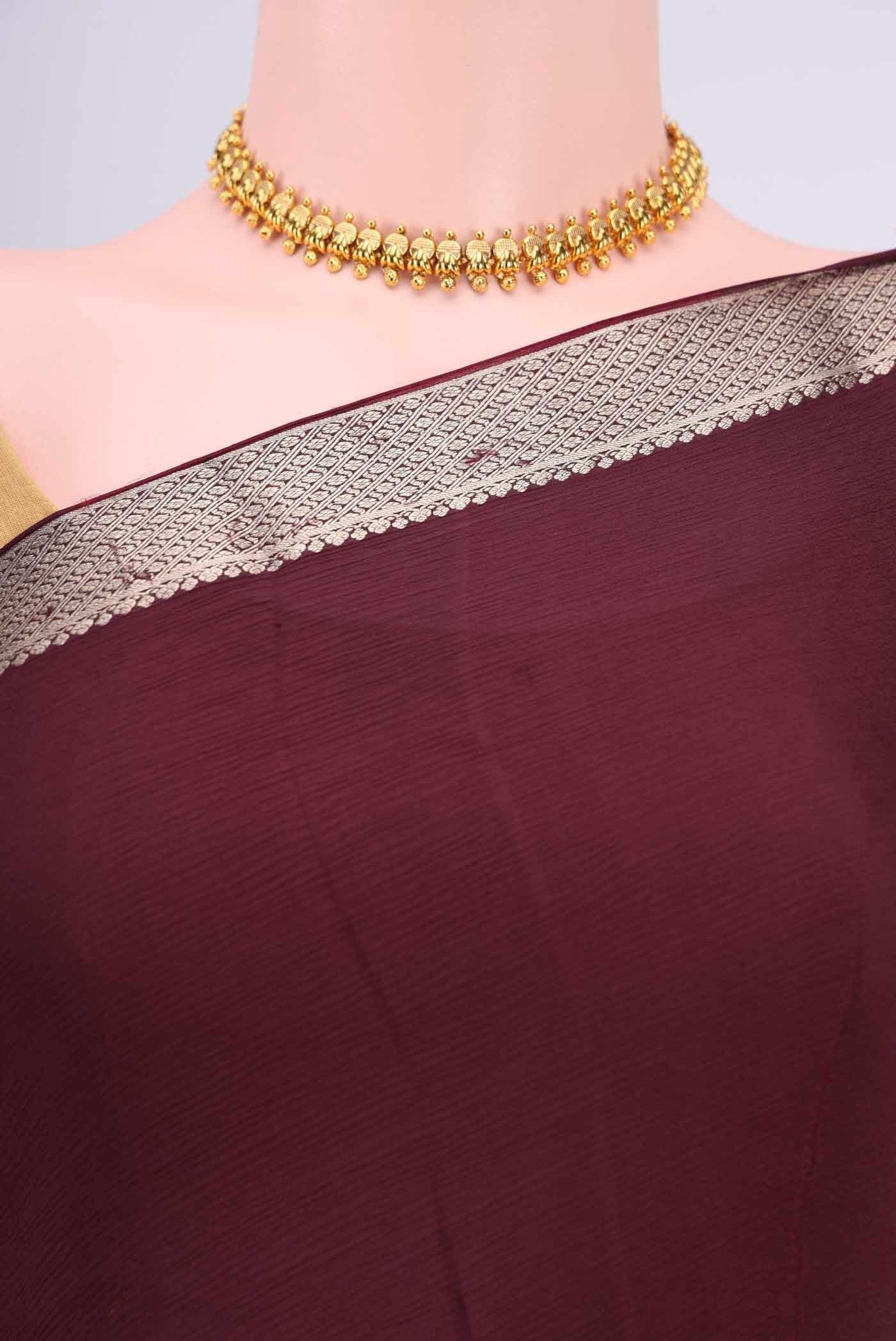 Border image of Burgundy Mysore Chiffon Saree with Plain Body and Zari Border