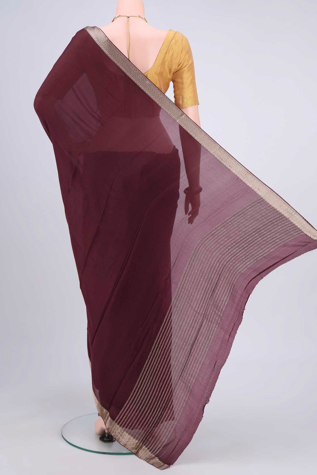 Flat view of Burgundy Mysore Chiffon Saree with Plain Body and Zari Border