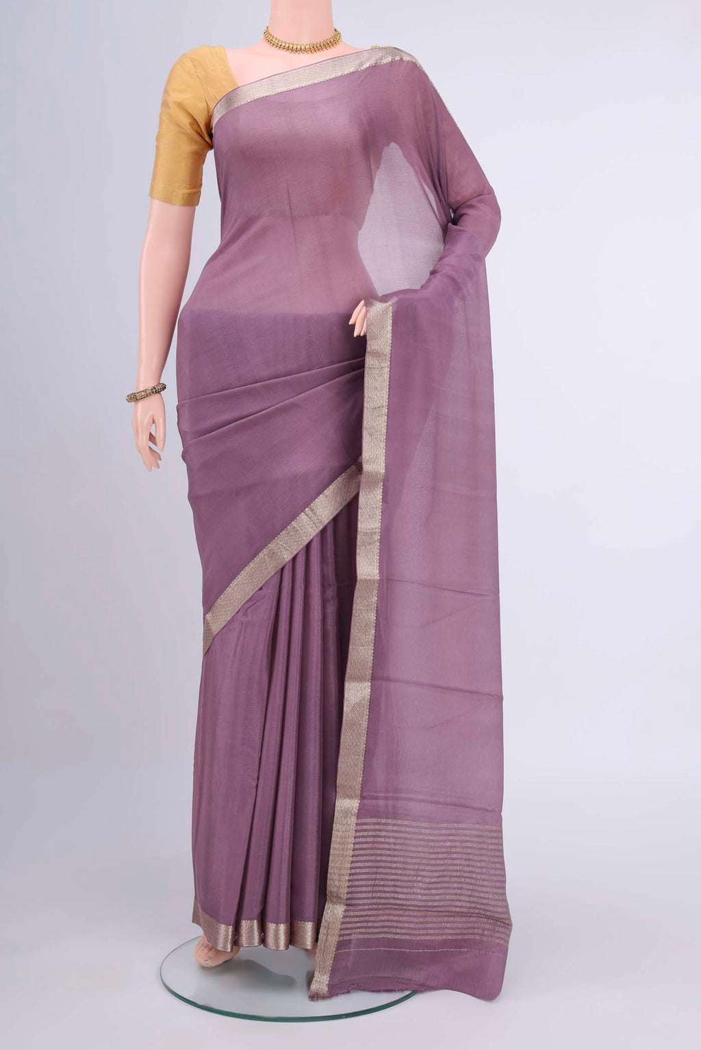 Dark Mauve Dual Tone Mysore Chiffon Saree with Plain Body and Zari Border displayed on a mannequin