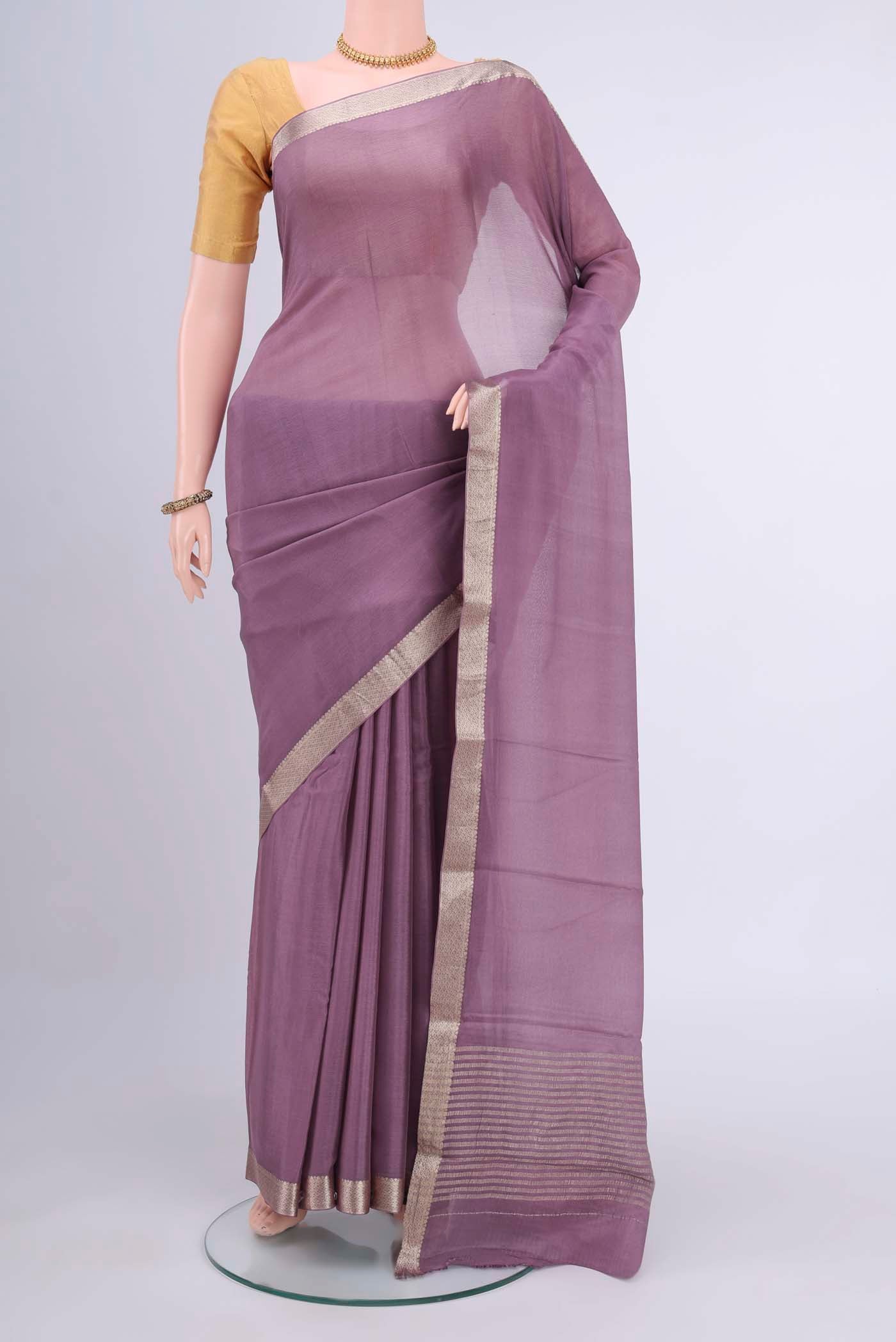 Dark Mauve Dual Tone Mysore Chiffon Saree with Plain Body and Zari Border displayed on a mannequin