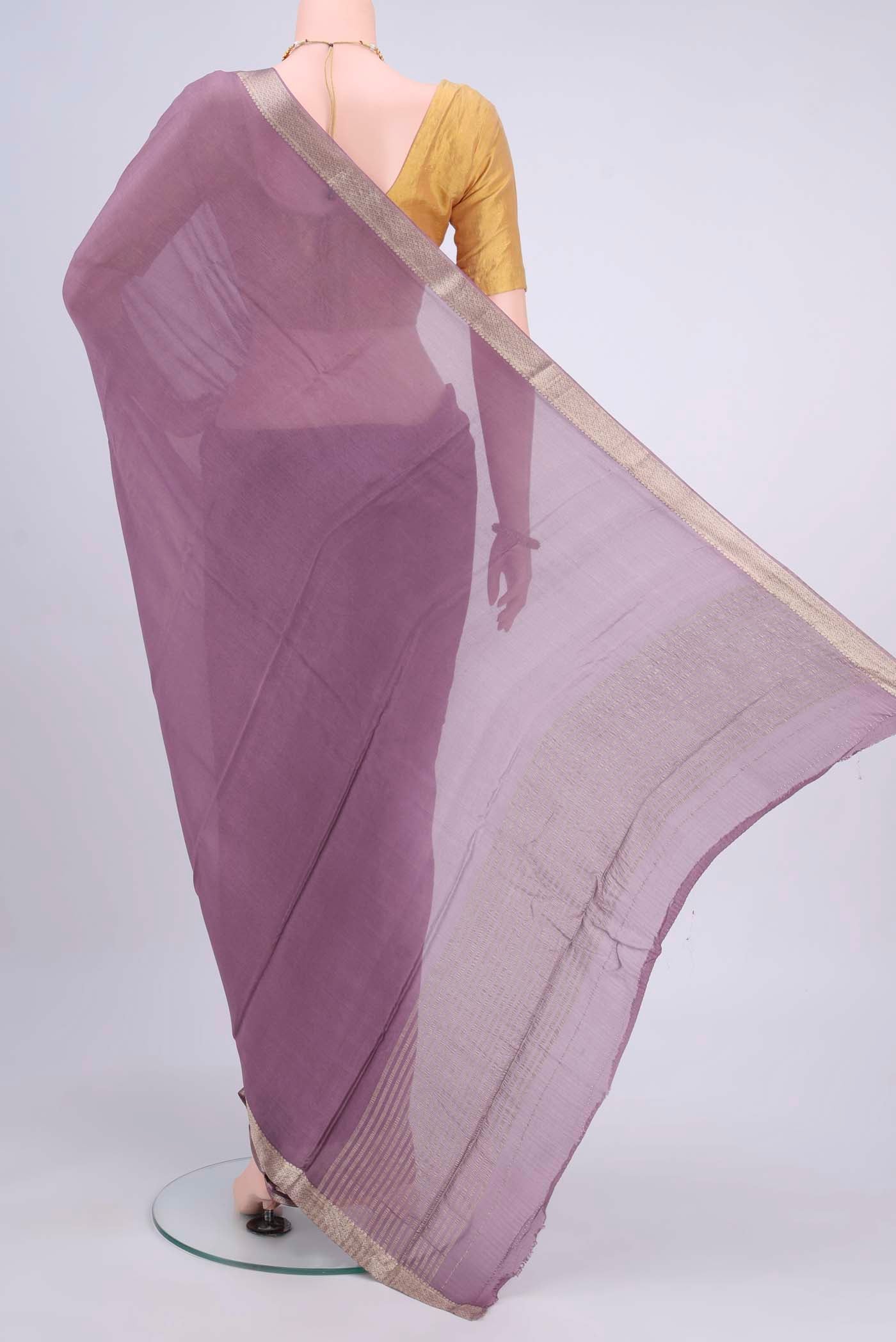 Flat view of Dark Mauve Dual Tone Mysore Chiffon Saree with Plain Body and Zari Border