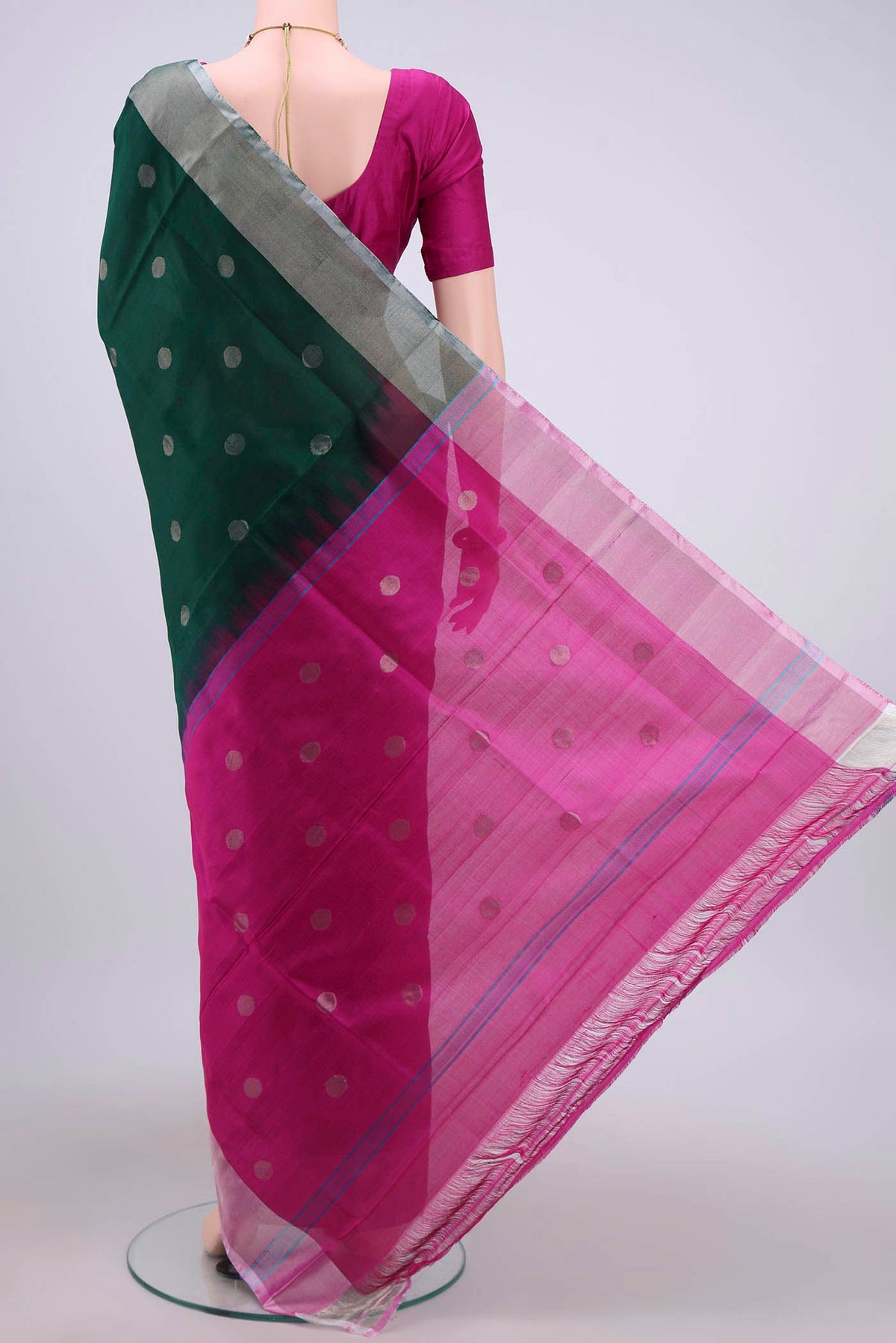 Flat view of Green Uppada Silk Saree with Polka Dots on the body and Zari Border