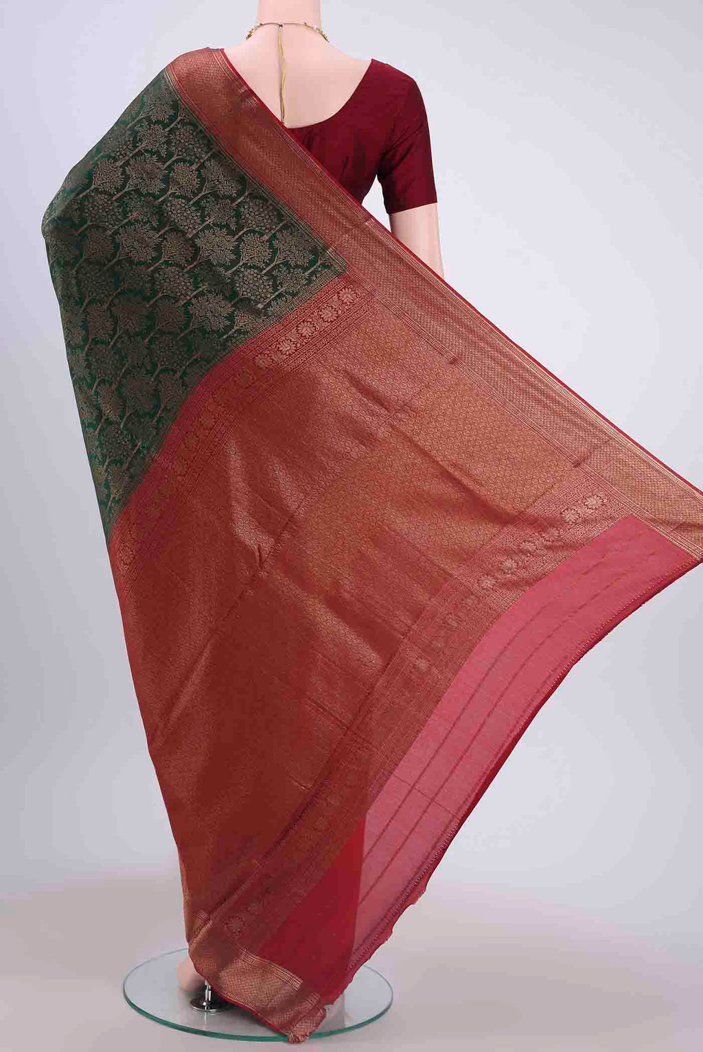 Flat view of Bottle Green Dual Tone Mysore Crepe Saree with Zari Brocade on the body and Zari Border
