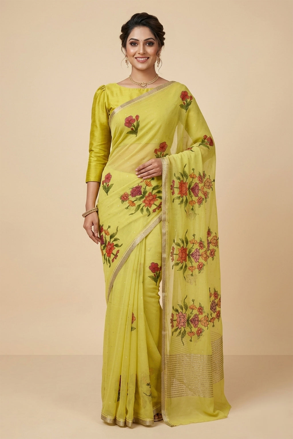 Model wearing a Lemon Yellow Mysore Chiffon Saree with Printed design on the body and Zari Border.