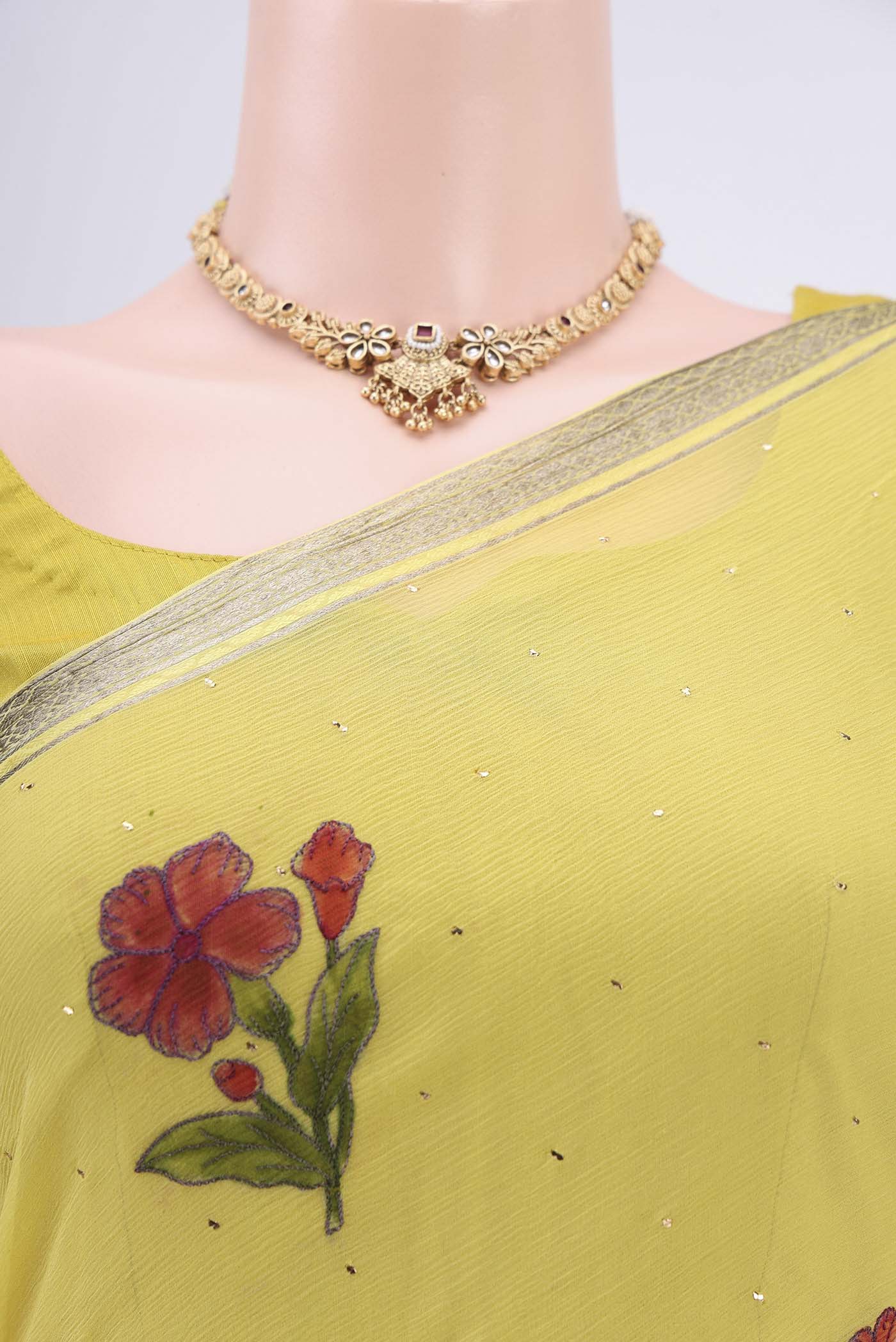 Border image of Lemon Yellow Mysore Chiffon Saree with Printed design on the body and Zari Border. 