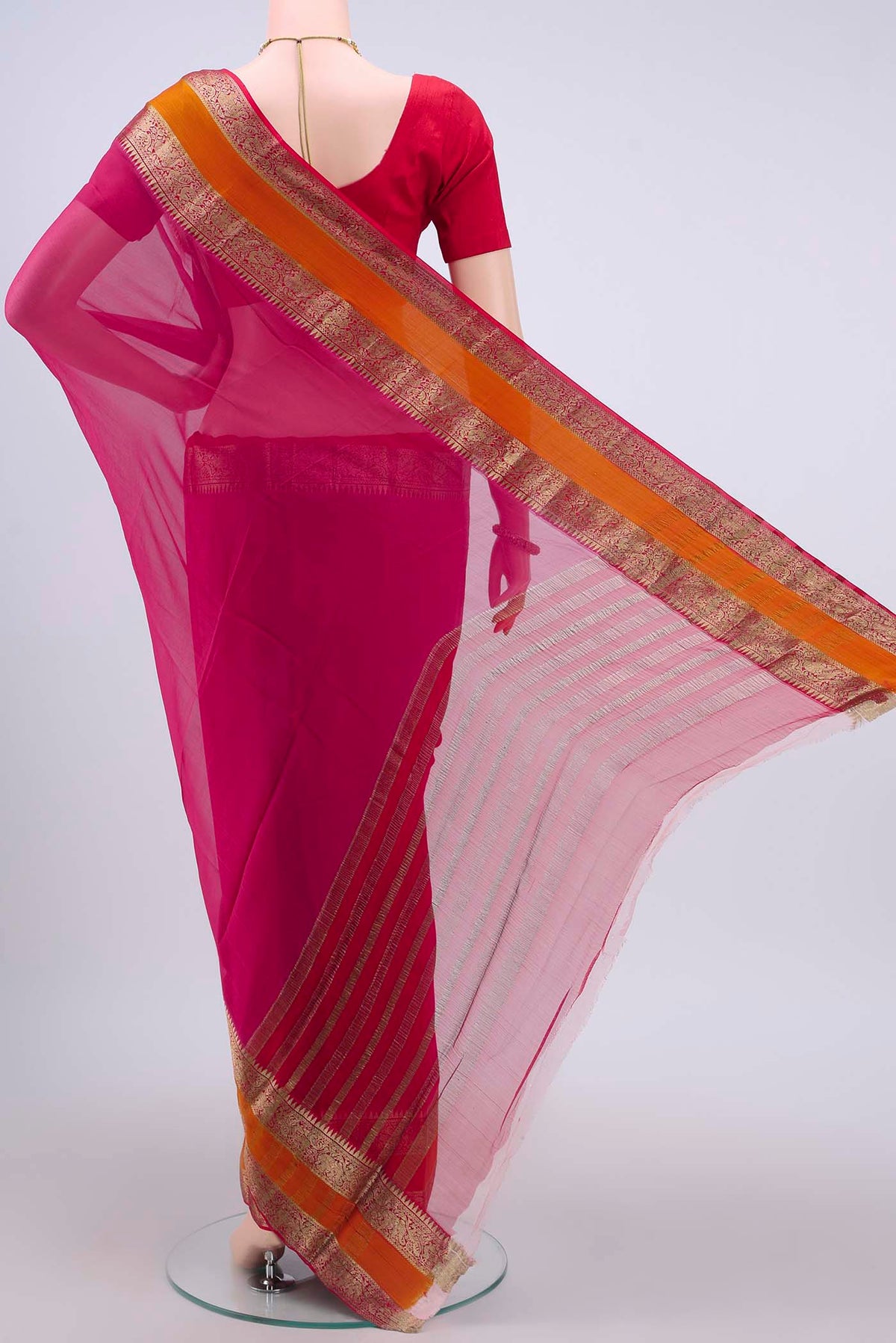Flat view of Dark Pink Mysore Chiffon Saree with Plain Body and Zari Border