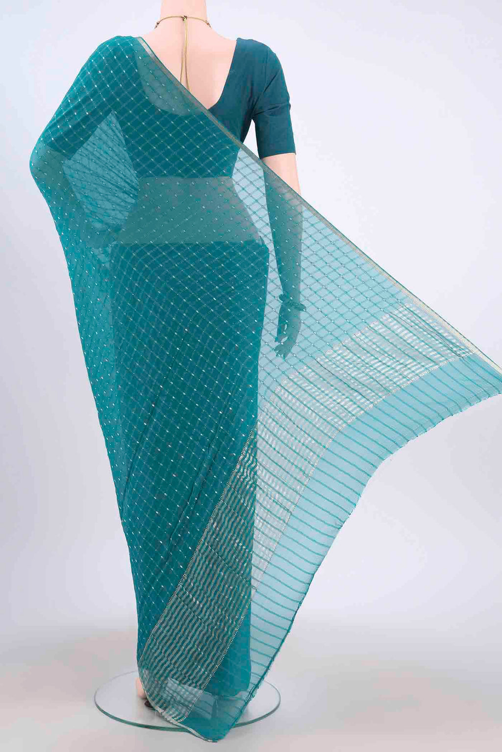 Flat view of Turquoise Mysore Chiffon Saree with Checked design on the body and Thin Zari Line