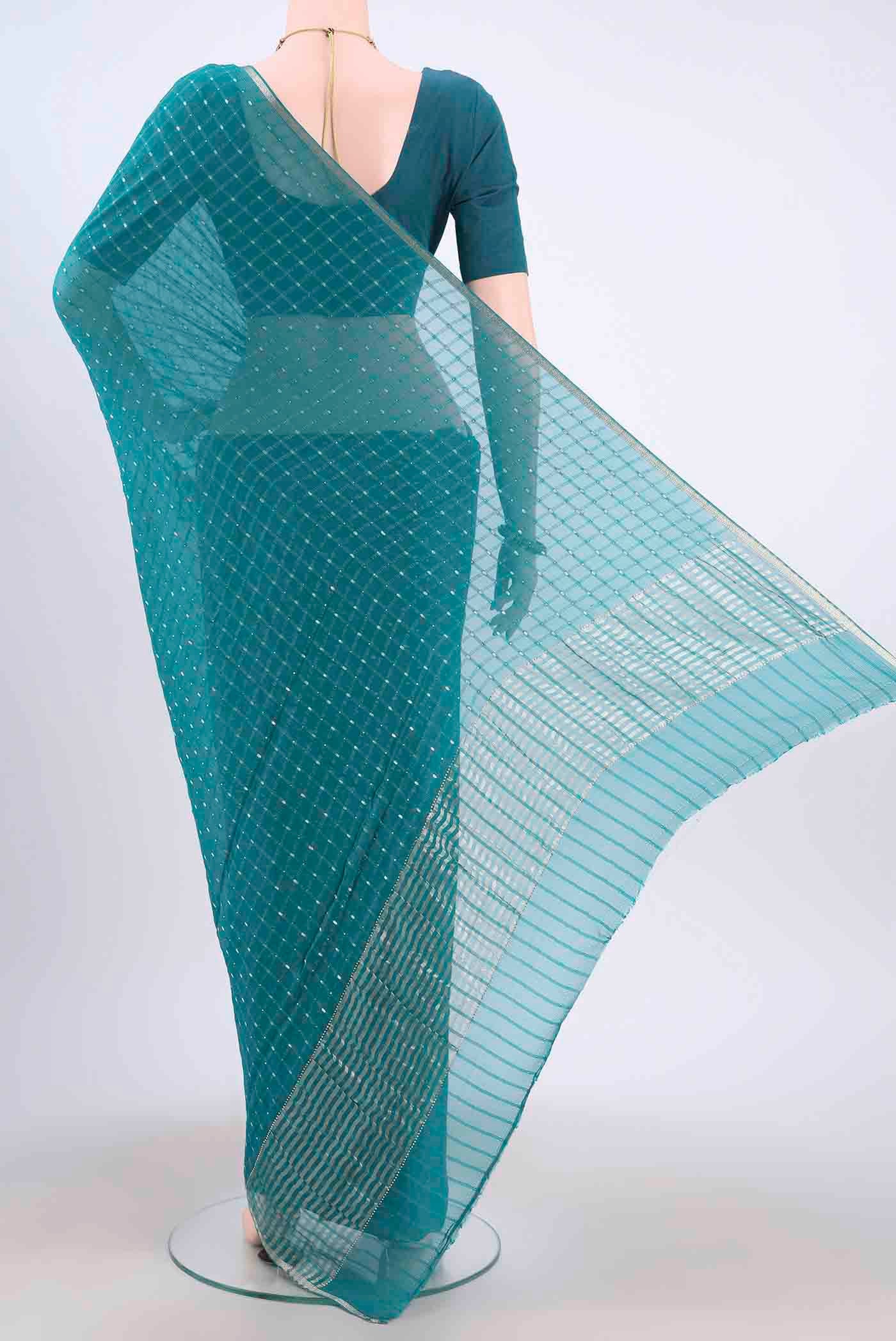Flat view of Turquoise Mysore Chiffon Saree with Checked design on the body and Thin Zari Line