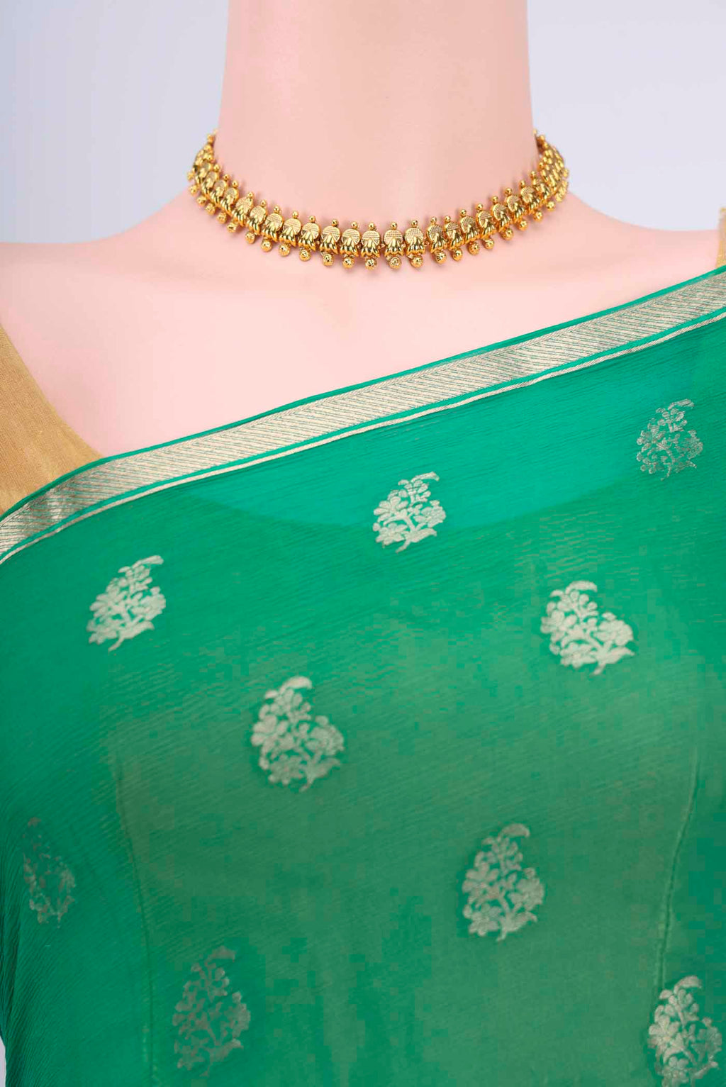Border image of Green Mysore Chiffon Saree with Zari Butta on the body and Zari Border