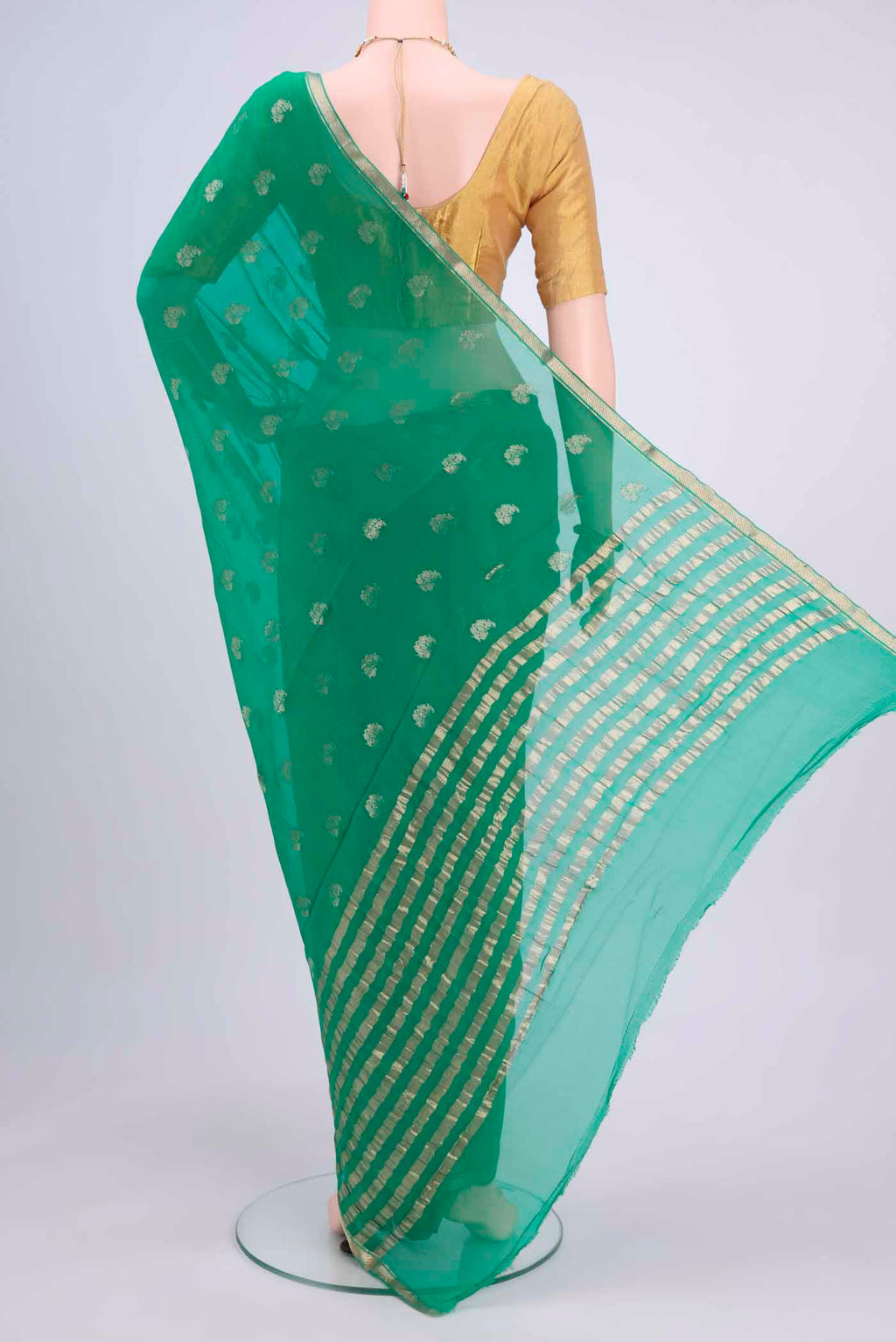 Flat view of Green Mysore Chiffon Saree with Zari Butta on the body and Zari Border