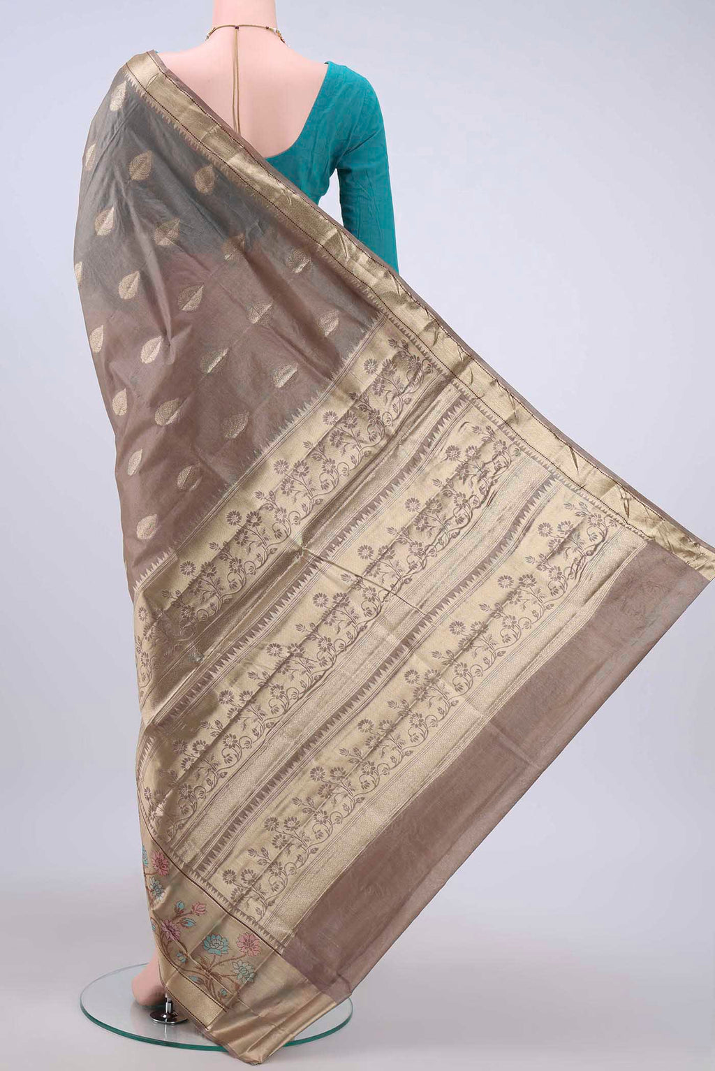 Flat view of Dark Beige Banarasi Raw Silk Saree with Zari Butta on the body and Zari Border