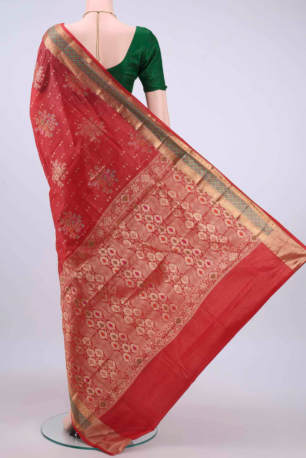 Flat view of Red Banarasi Raw Silk Saree with Zari Butta on the body and Zari And Thread Border