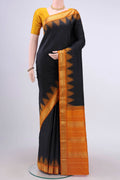 Pure Silk Pure Zari Black Kanchipuram Saree with Plain Body and Zari Border displayed on a mannequin