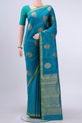 Blue Kanchipuram Silk Saree with Zari Butta on the body and Zari Border displayed on a mannequin