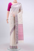 White Kanchipuram Silk Saree with Thread Butta on the body and Thread Border displayed on a mannequin