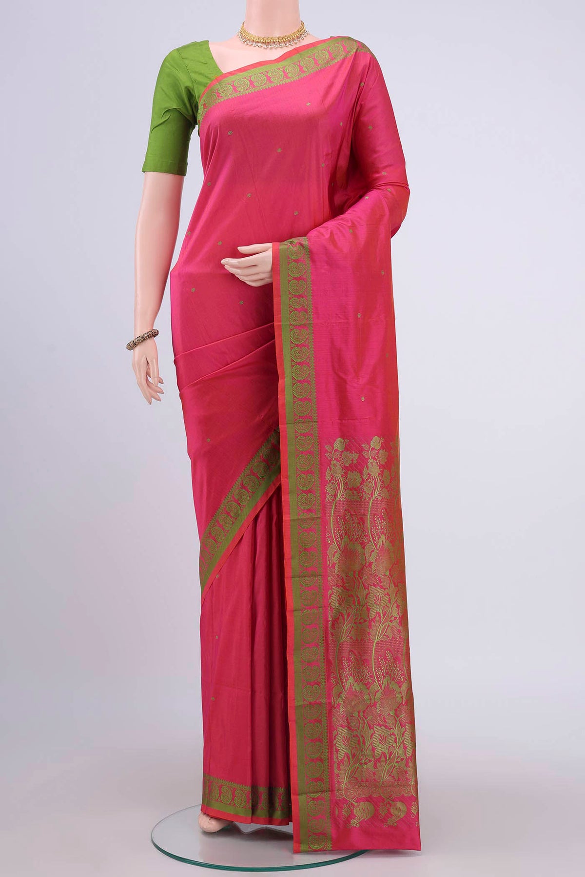 Dark Pink Kanchipuram Silk Saree with Thread Butta on the body and Thread Border displayed on a mannequin