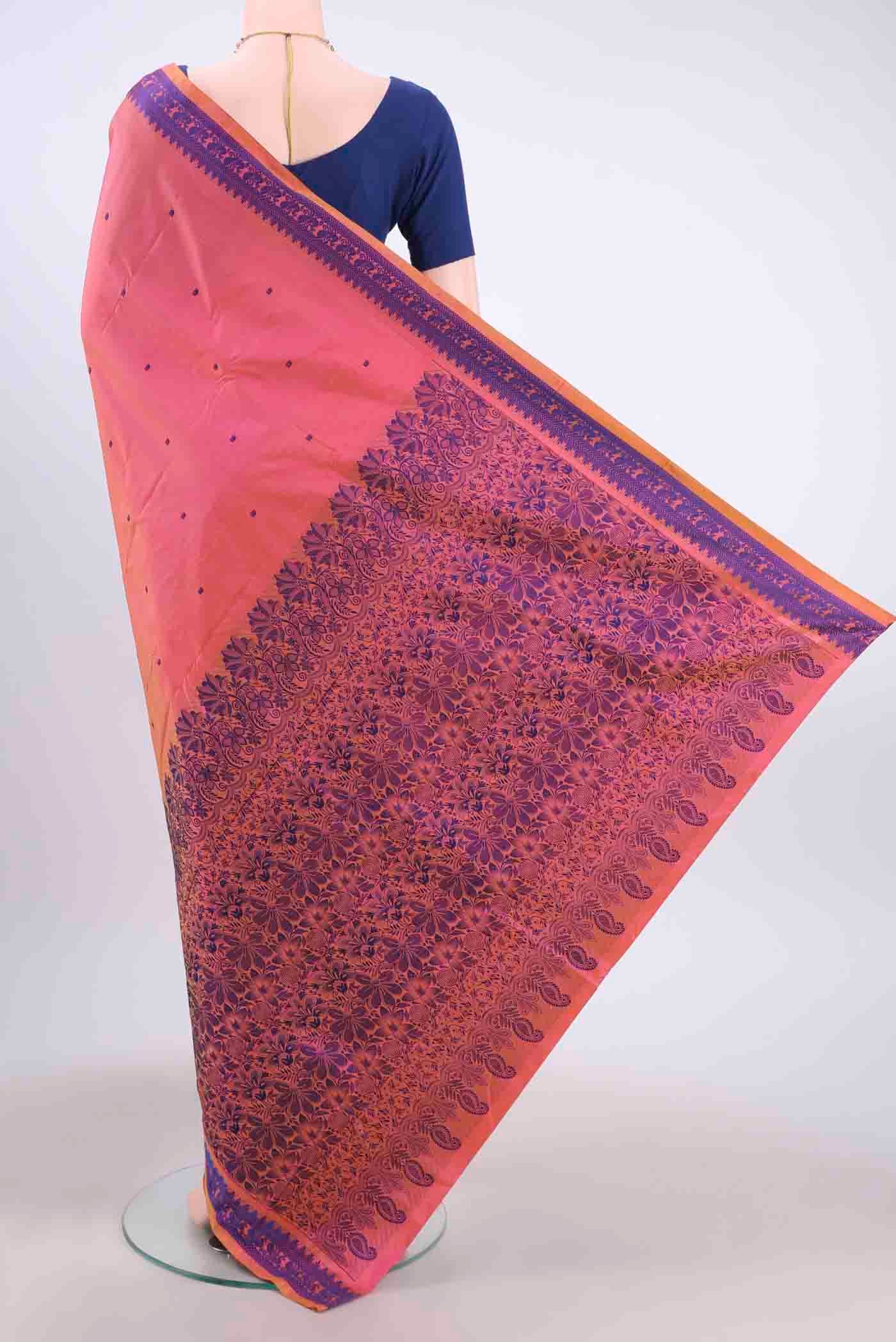 Flat view of Pinkish Yellow Dual Tone Kanchipuram Silk Saree with Thread Butta on the body and Thread Border