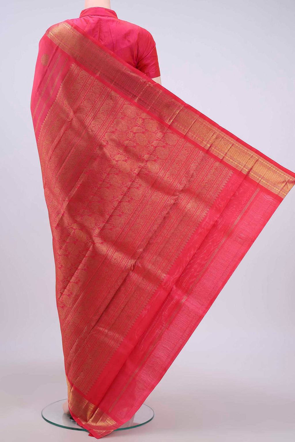 Flat view of Pure Silk Pure Zari Imperial Red Kanchipuram Saree with Zari Butta on the body and Zari Border