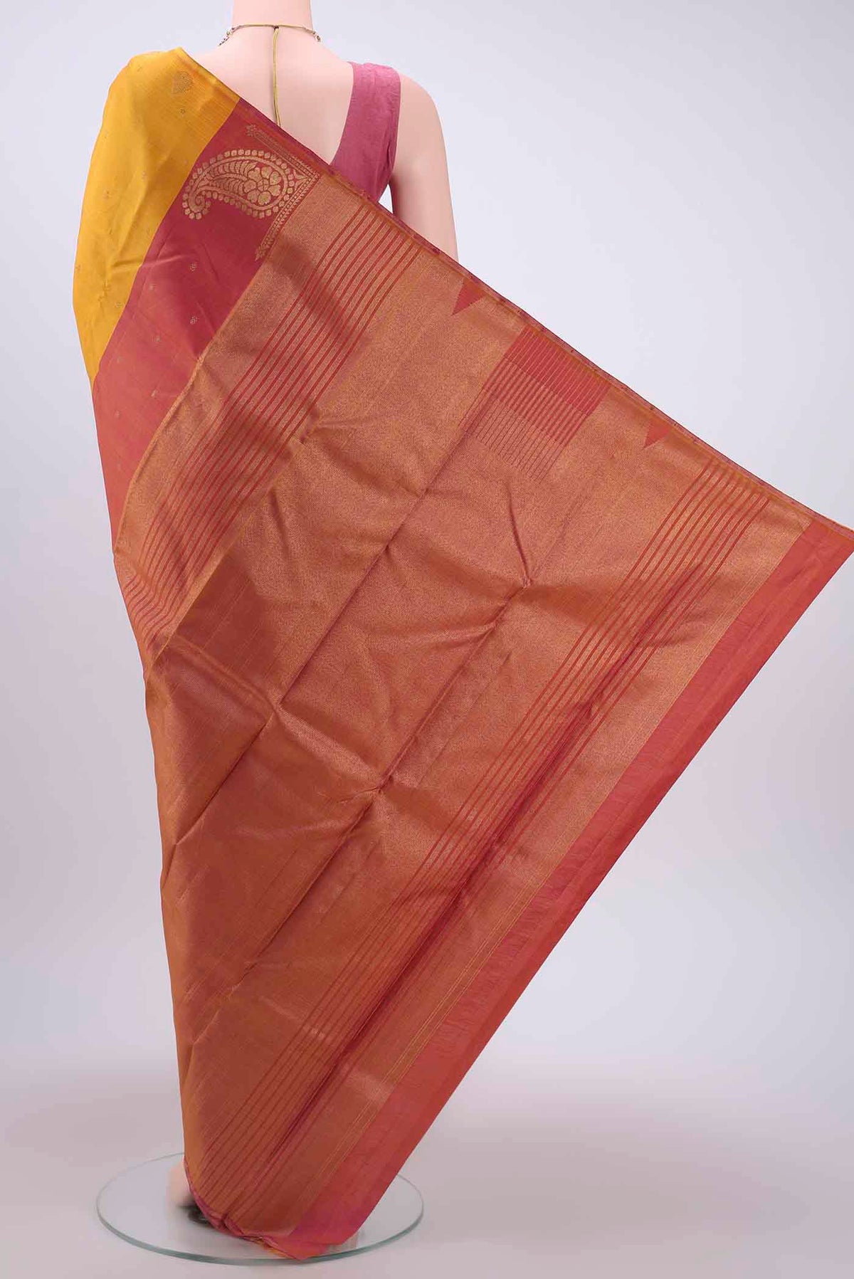 Flat view of Mustard Dual Tone Kanchipuram Saree with Zari Butta on the body and Without Border