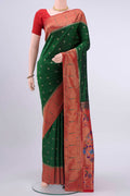 Bottle Green Dual Tone Blended Bangalore Silk Saree with Zari Butta on the body and Zari And Thread Border displayed on a mannequin