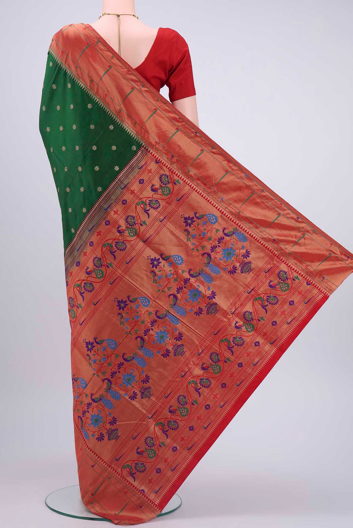Flat view of Bottle Green Dual Tone Blended Bangalore Silk Saree with Zari Butta on the body and Zari And Thread Border