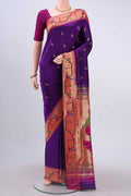 Purple Paithani Silk Saree with Zari Butta on the body and Zari Border displayed on a mannequin